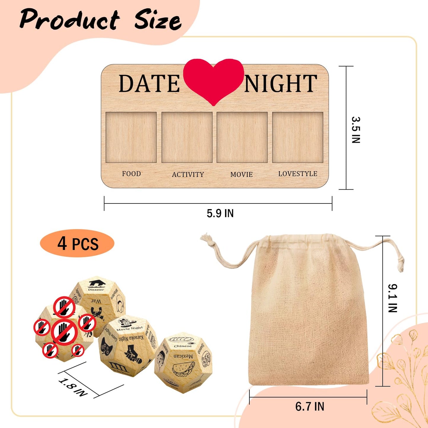 Guawubiang 4Pcs Food Dice Decision, Movie Night Dice, Activity Dice For Couples, Love Date Night Dice, Perfect For Couple Valent
