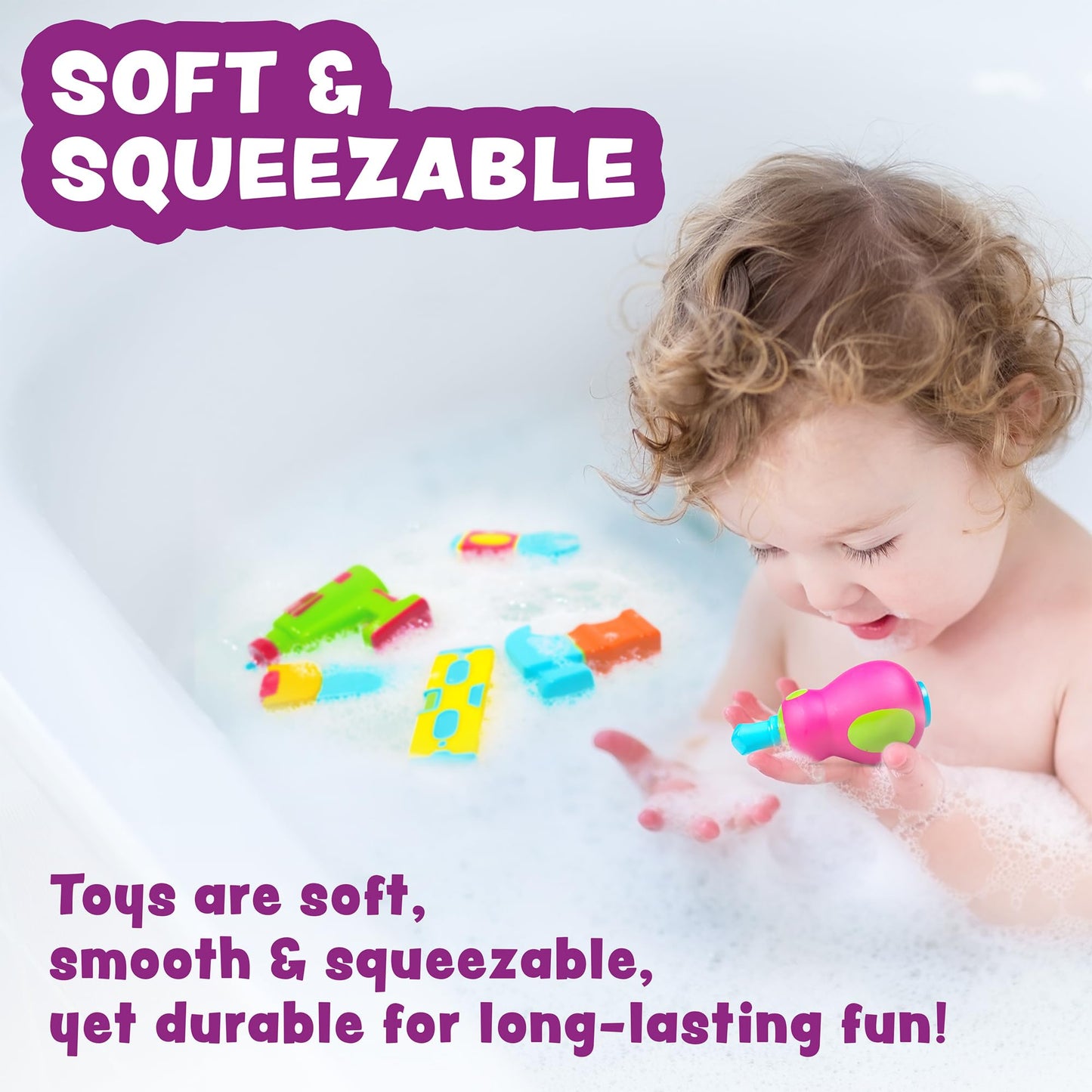 Tub Works Tools Mold Free Bath Toys, 6 Pack | Sealed, No Hole Bath Toys Design Keeps Moisture Out | Soft, Squeezable & Float On