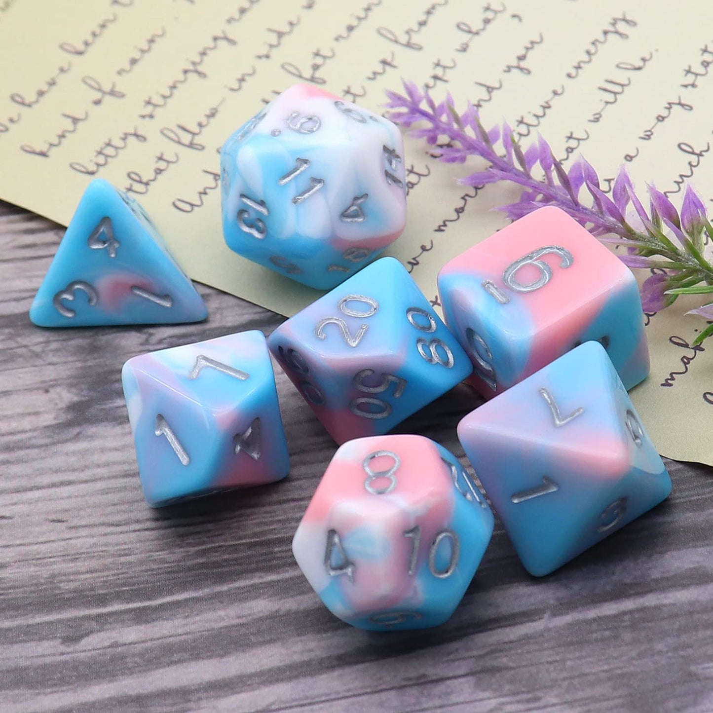 PJOY DND Dice Set 7PCS Blue Pink White D&D Polyhedral Dice with Velvet Dice Bag for Role Playing Dice Games as Dungeons and Drag