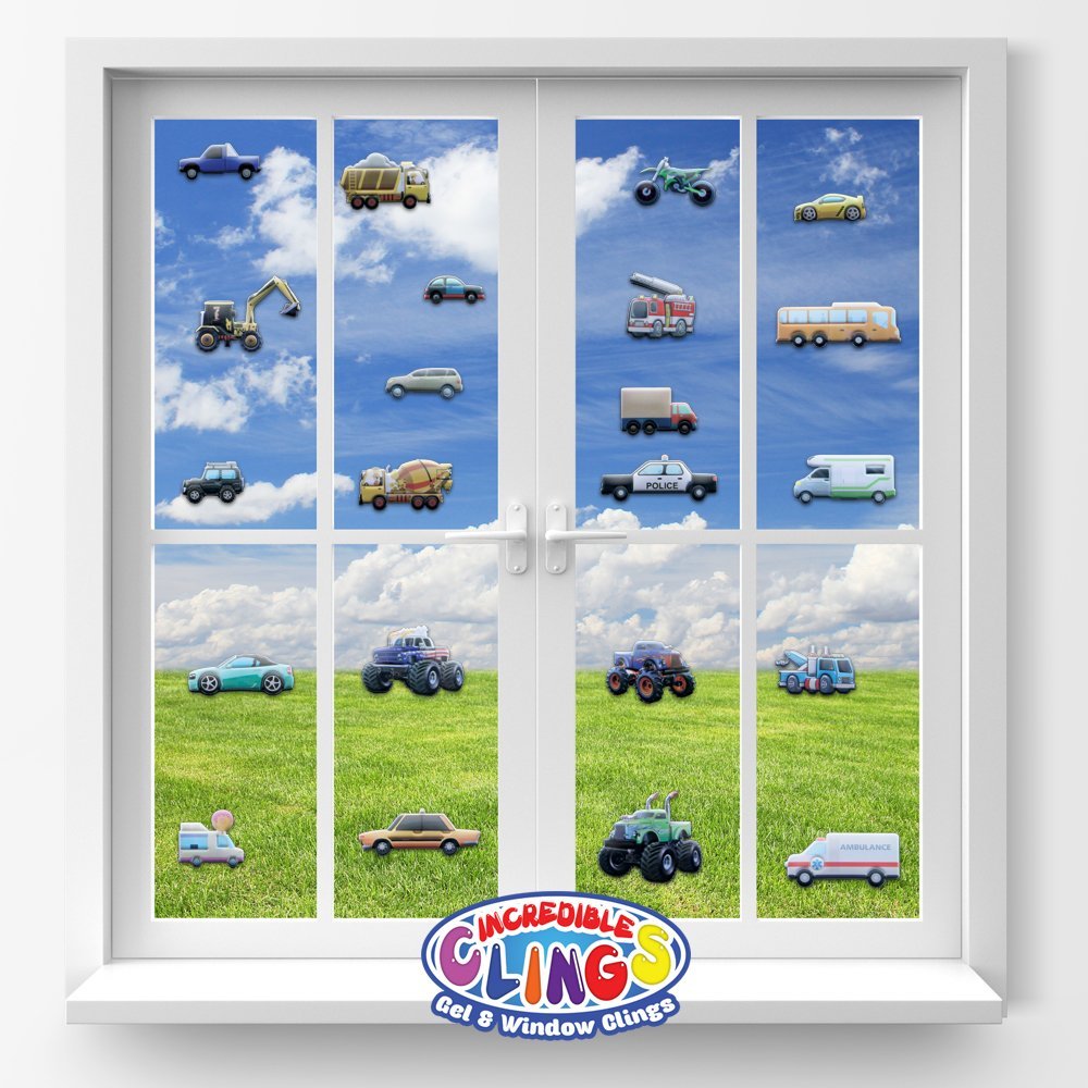JesPlay Cars and Trucks Window Clings - Reusable Foam Stickers for Kids, Multicolor, Model 43221-7665, Fun Activities for Home and Travel