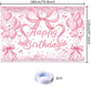 Cute Pink Bownot Birthday Party Backdrop Pink Bow Balloon Happy Birthday Banner Photography Background for Girls Teens Party Sup
