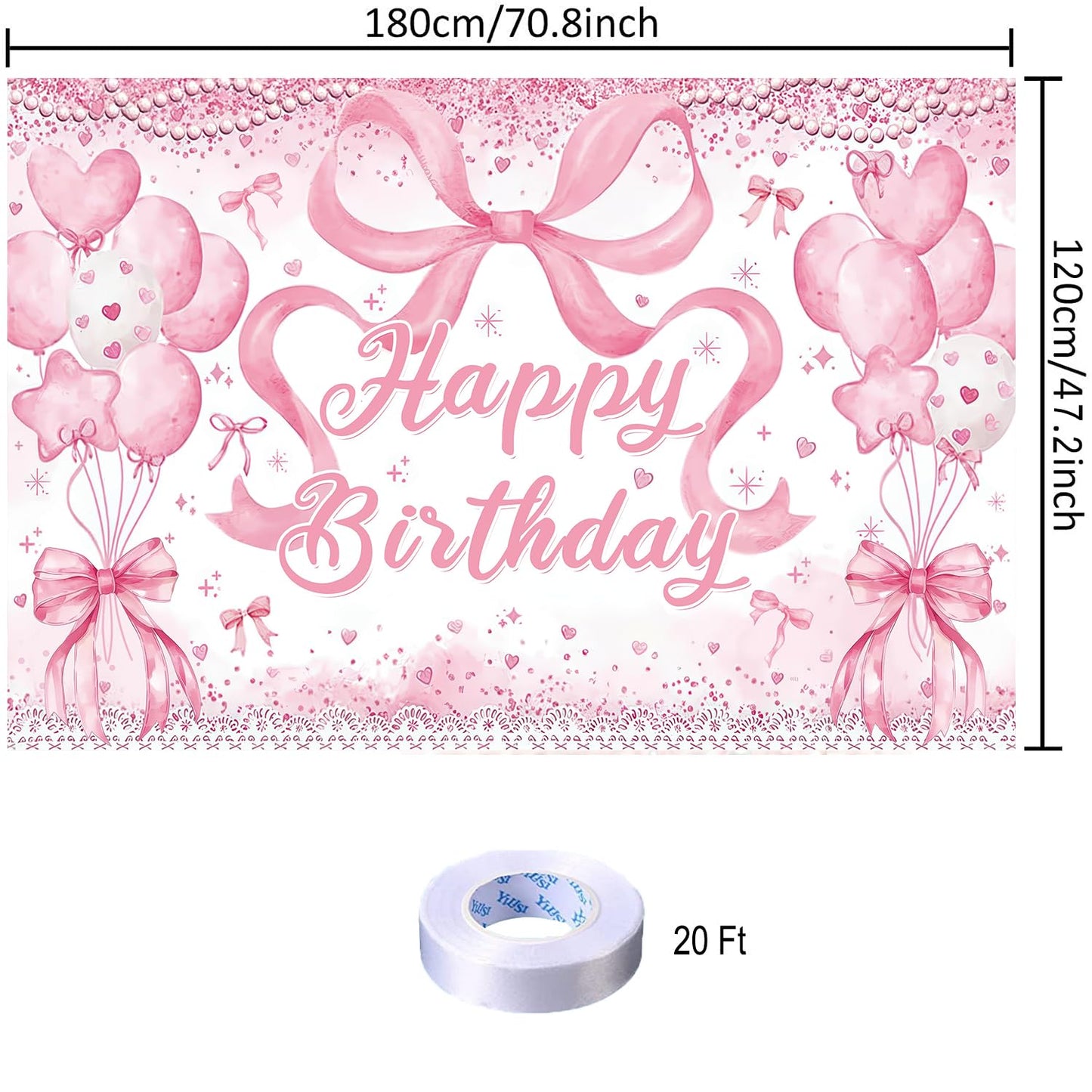 Cute Pink Bownot Birthday Party Backdrop Pink Bow Balloon Happy Birthday Banner Photography Background for Girls Teens Party Sup