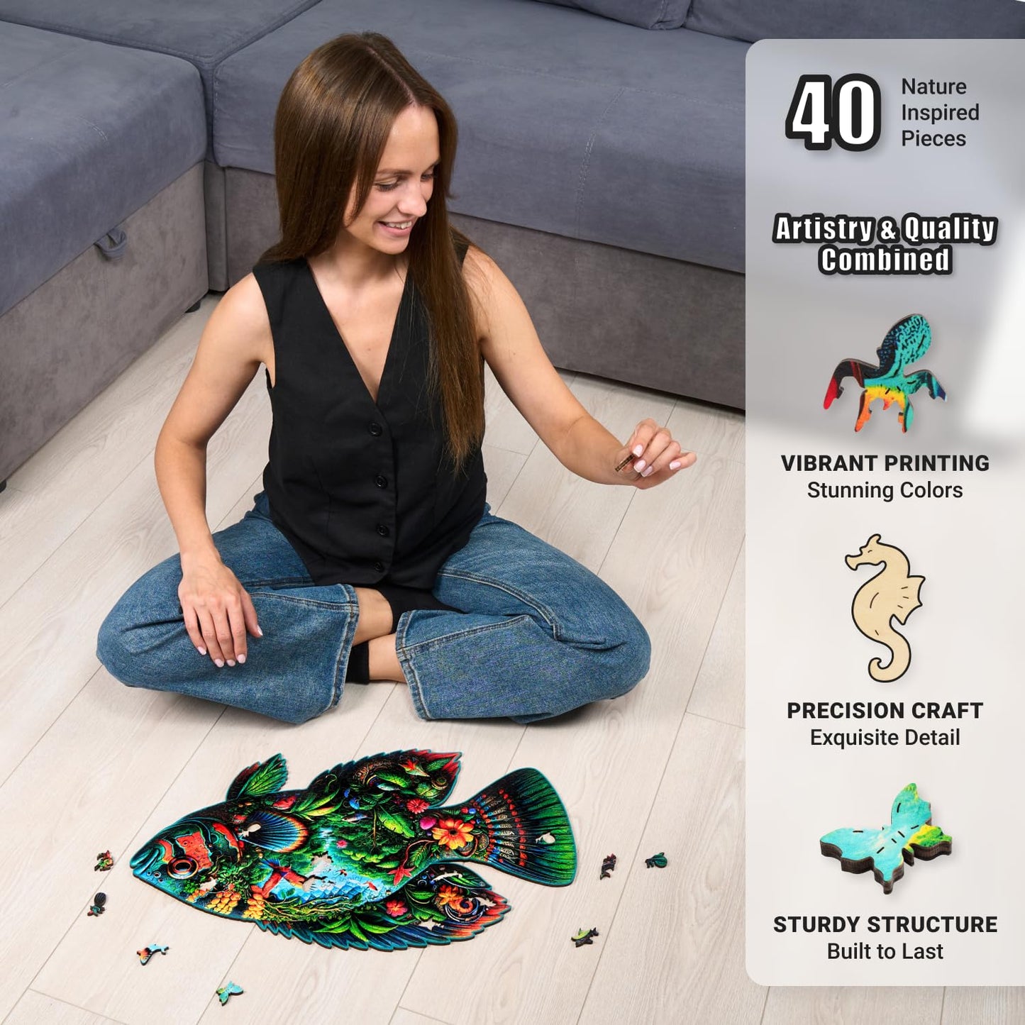 Fish Fantasia - 350 Piece Wooden Puzzles for mature-themeds - 21.2 x 12.7 in - Extra-Thick 5 mm Wood Puzzle  Hand-Shaped Pieces  Marine Life Mosaic Design - enhanced Gift for Puzzle Lovers by LEOGOR