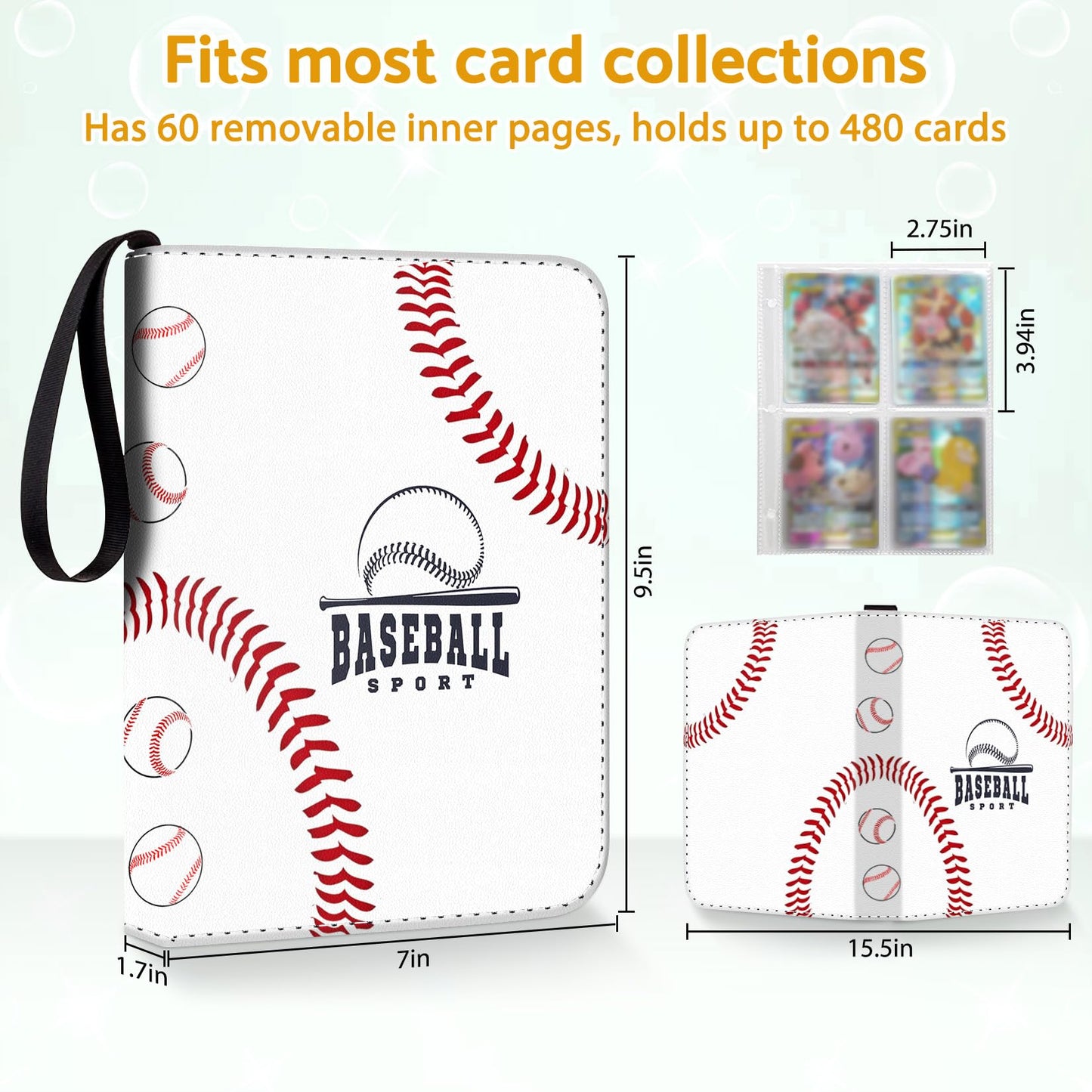 Bebomne Baseball Card Binder Holder 480 Pockets with 60 Removable Sleeves  Portable Sports Trading Cards Binder Album Collector Organizer Protectors with Zipper Waterproof