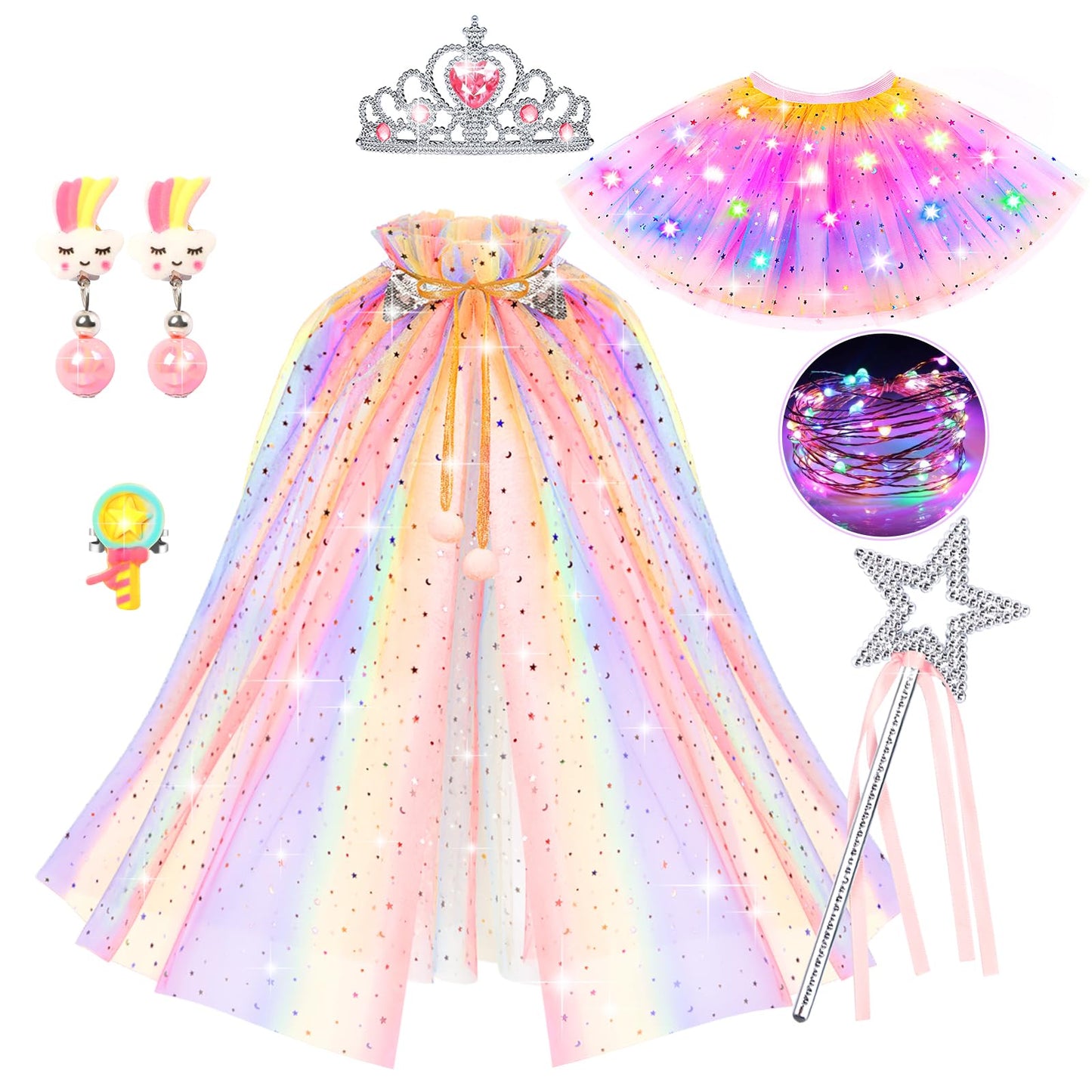 Dolnow Princess Dress Up Clothes For Little Girl, Light Up Princess Dresses Princess Cape With Crown Wand Toys For 3-6 Girls
