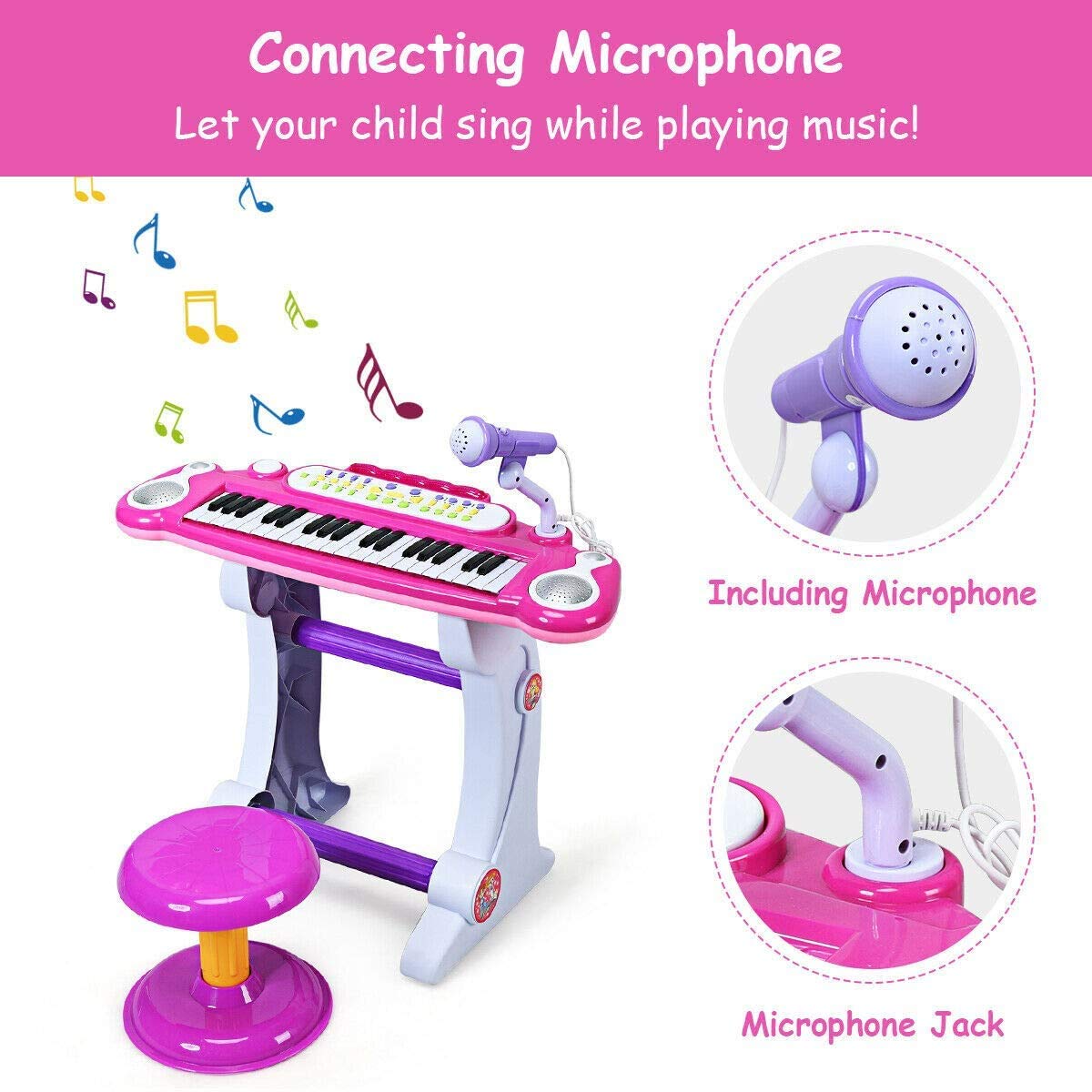 Costzon 37-Key Kids Piano Keyboard Toy  Toddler Electronic Musical Instrument Educational Toy w/Microphone  Multiple Sounds  Record Playback  Lights & Stool  Birthday Gift for Girls Boys Age 3+  Pink