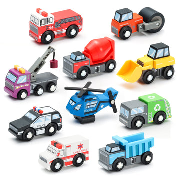 Sainsmart Jr. Wooden Train Set Accessories Toy Cars (10 Pcs), Compatible With All Major Brands, Gift For Toddlers And Kids Aged 3+