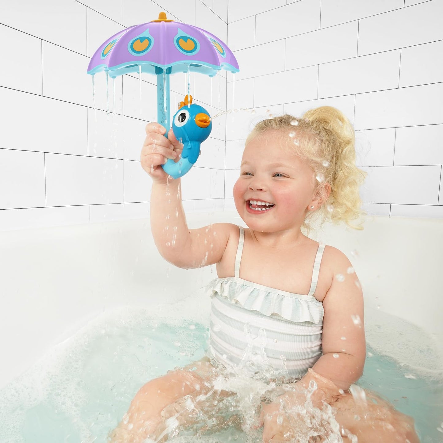 Yookidoo Baby Bath Toy (Ages 1-3) Purple Peacock Umbrella Water Sprinkler With 3 Moving Pieces (Mold Free) - Fill With Water For Bubbles, Spinning & Sprinkler Effects - Toddler Bath Time & Pool Fun