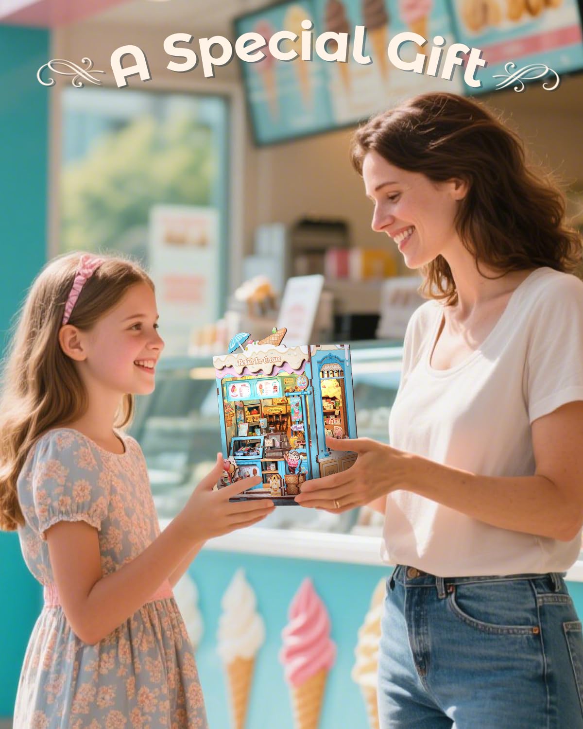 CUTEBEE Book Nook Kit  DIY Miniature House Kits for mature-themed and Teens  Dollhouse Booknook Tiny House  Bookshelf 3D Wooden Puzzle  DIY Craft Gifts for Family and Friends (Bella's Ice Cream)