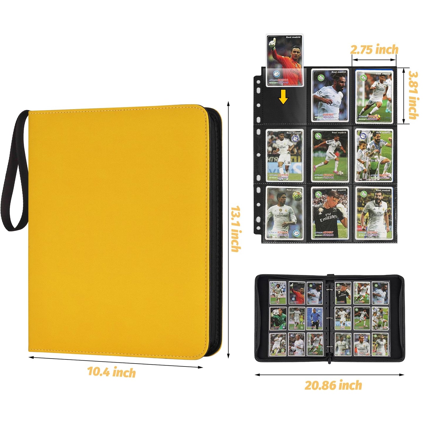 GERMUN 9 Pocket Card Binder  enhanced Zip Trading Card Binder  720 Double Sided Pocket PU Card Collection Binder  Collector Card Album  Card Folder for MTG  TCG  Sports Cards  Game Cards (YELLOW)