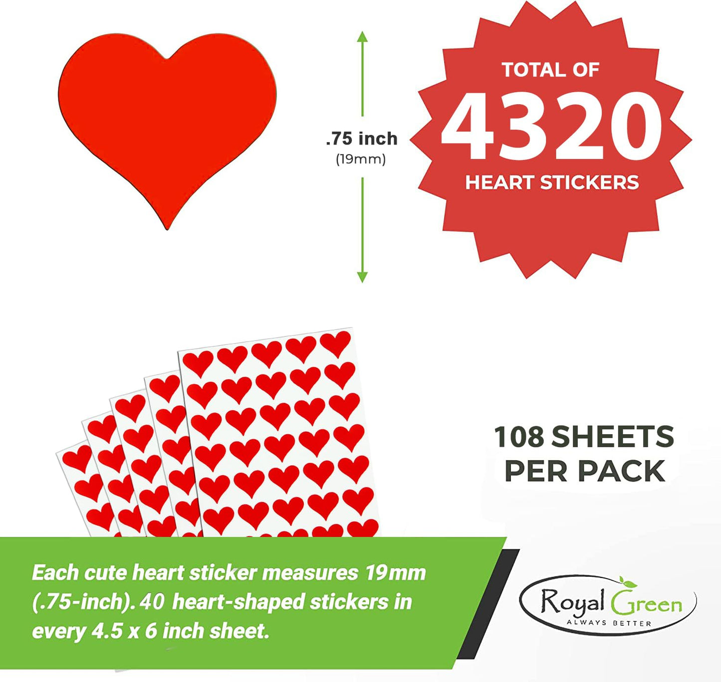 19Mm (3/4 Inch) Green Heart Sticker Sheets Crafting Labels For Decorations And Party Supplies - 4320 Pack By Royal Green