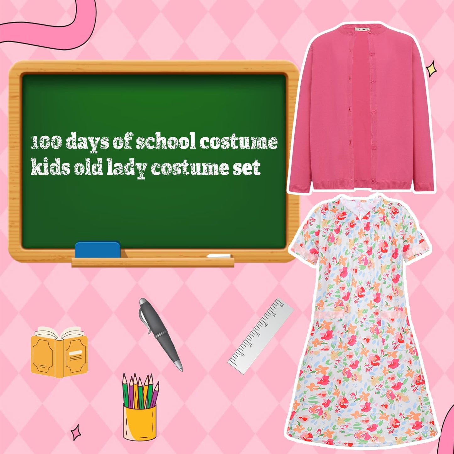 Jiobabe Old Lady Costume For Kids Girls 100 Day Of School Costume Girls Grandma Costume Kids Granny Dress With Accessories 3-5 Y