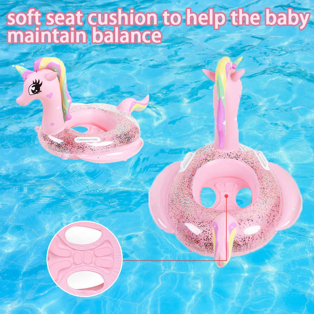 New Baby Swimming Pool Floats For Toddler Kids 0-8 Years Under 44Lb, Inflatable Swim Ring Water Raft With Seat And Handle For Summer Beach Outdoor Children Infant Bath Toys (Pink Unicorn)