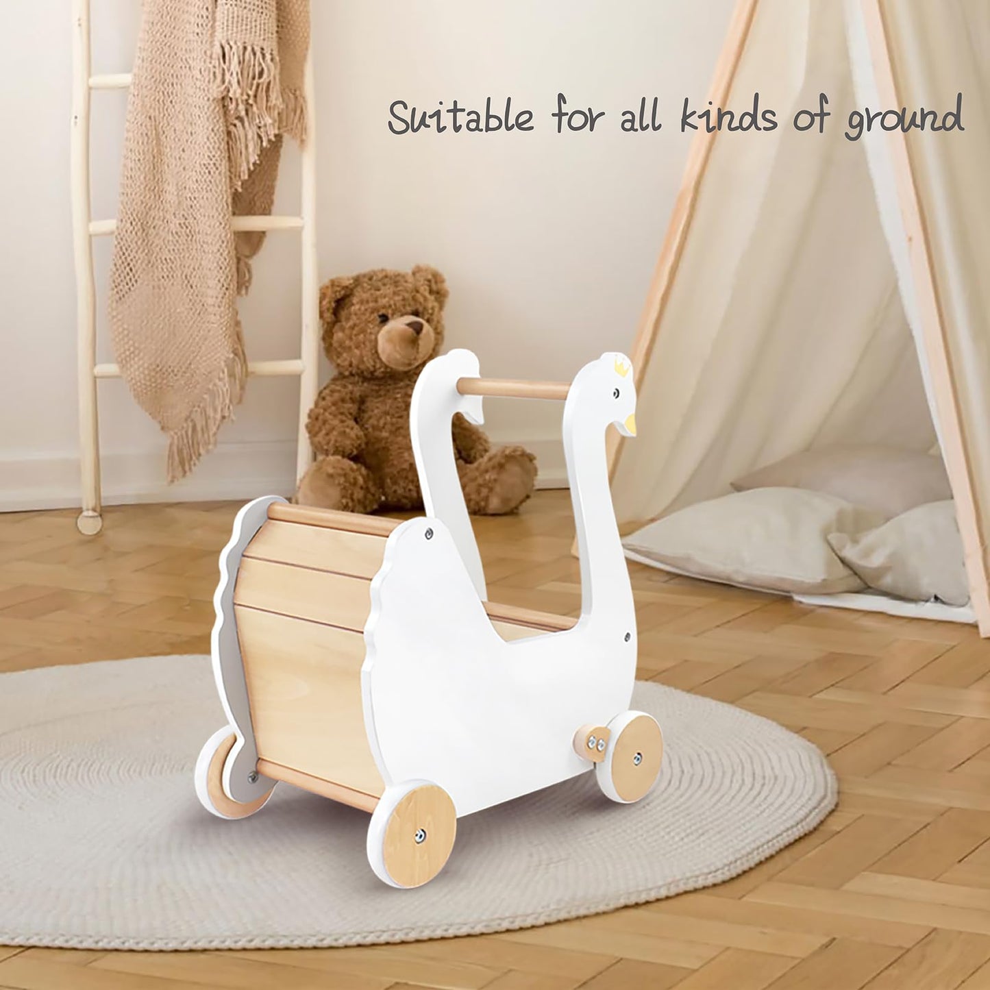 Pillowhale Wooden Doll Stroller, Baby Pram Toy, Wooden Swan Baby Walker for Toddler Boys & Girls 18 Months and Up