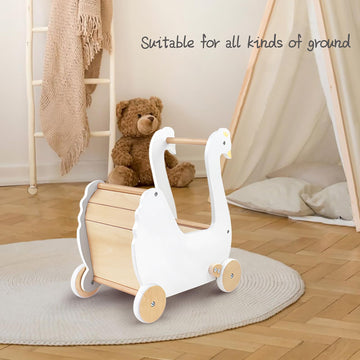 Pillowhale Wooden Doll Stroller, Baby Pram Toy, Wooden Swan Baby Walker for Toddler Boys & Girls 18 Months and Up