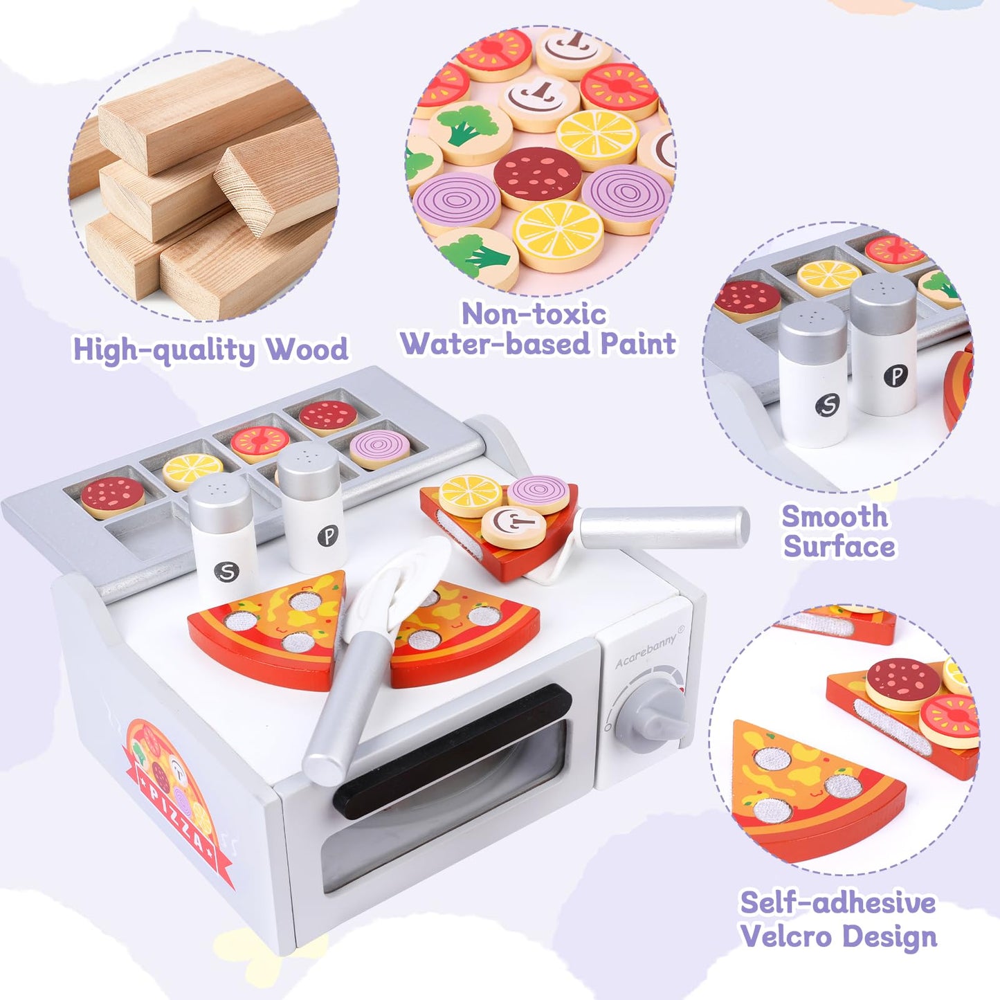 Wooden Pizza Toy for Kids, Toddlers Pizza Counter Playset, Pretend Play Food Set Kitchen Accessories with Bake Oven, Gifts for 3