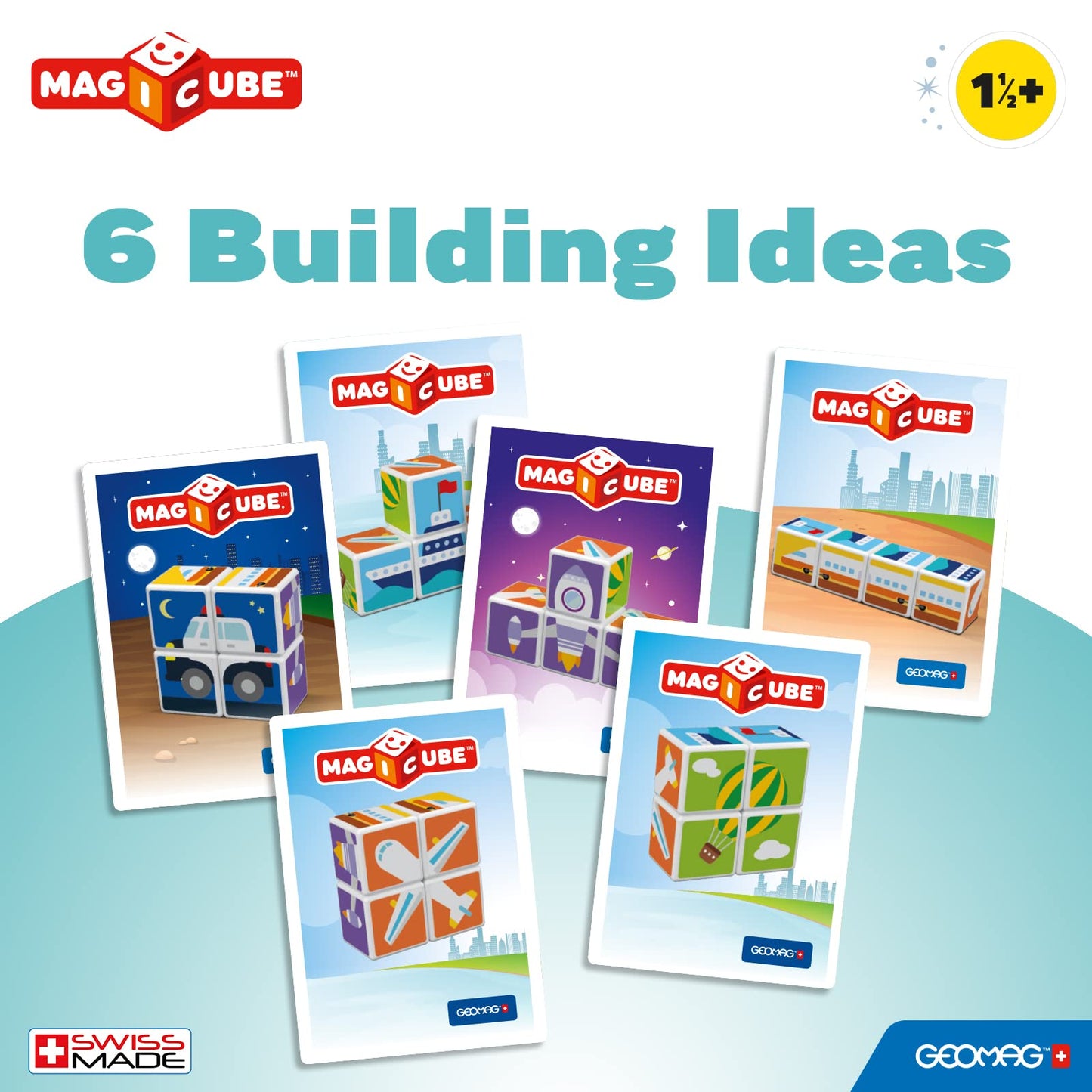 Geomag Magicube Transport 4-Piece Magnetic Stacking Cubes Building Set, Toddlers & Kids Ages 1.5 And Up, Stem Educational Toy, Swiss-Made, Creativity, Imagination, Learning, 6 Adorable Building Ideas