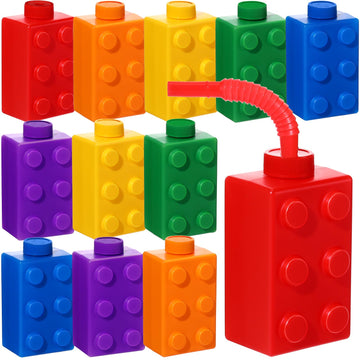Sawysine 12 Set Building Blocks Cups 10 oz Blocks Reusable Party Favors Cup Plastic Colored Brick Drinking with Lids and Straws 