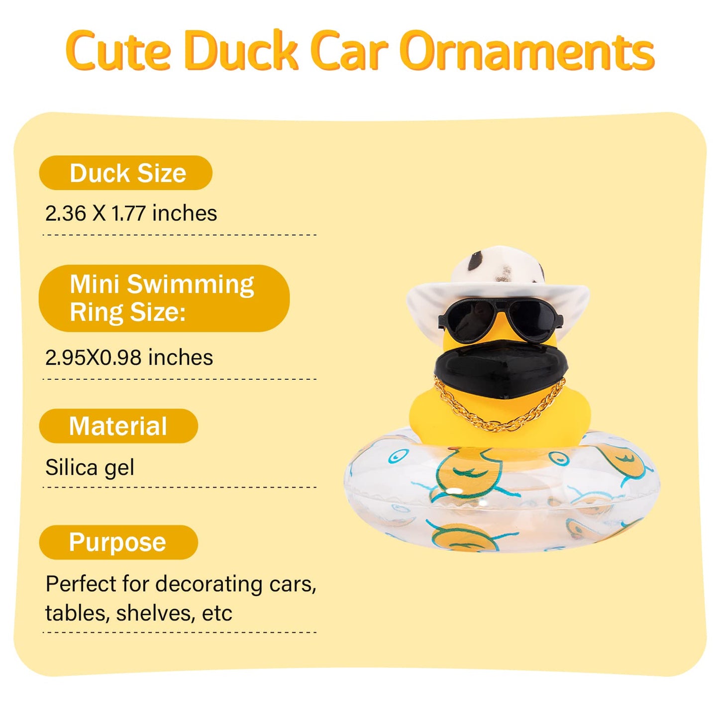 Wonuu Car Duck Rubber Duck Car Ornaments Duck Car Dashboard Decorations With Cute Headband Swim Ring Necklace Sunglasses, A-Cowboy Hat White Black Spot