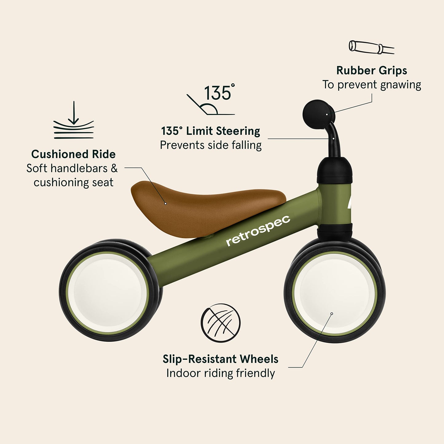 Retrospec Cricket Baby Walker Balance Bike, 4 Wheels, Olive Drab, Model 5350, Toddler Bicycle Toy for Ages 12-24 Months