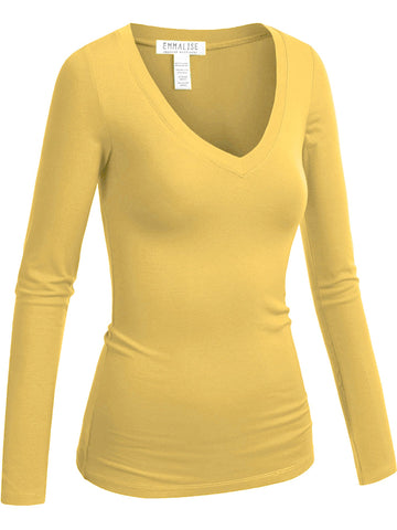 Emmalise Womens Junior And Plus Size Vneck Tshirt Long Sleeves Shirt Tee, 2Xl, Light Yellow