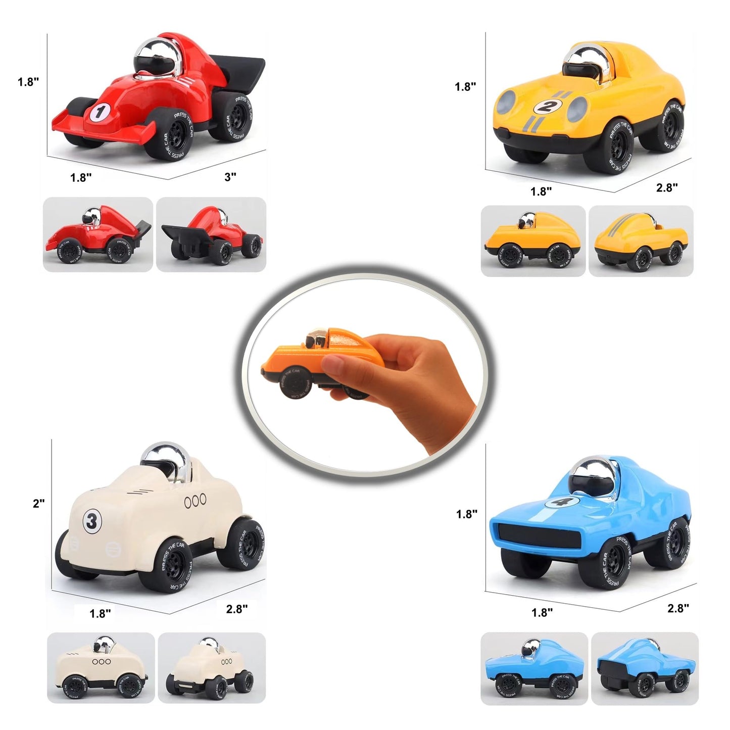 Elementoy 4-Pack Alloy Press and Go Toy Cars, Die-cast Collectible Model Race Cars, Birthday Christmas Holiday Party Gift for Ki