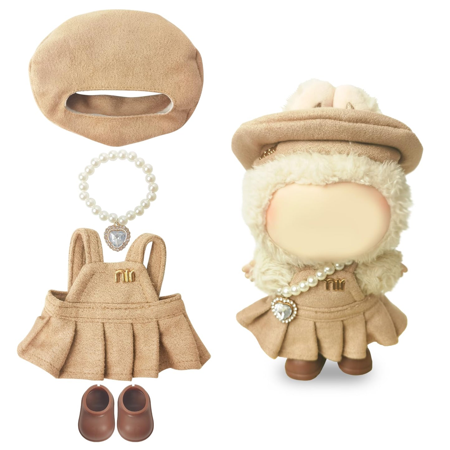 Clothes Compatible with LABUBU - Blue & White T Dress with Bow  Bracelet & Shoes | 4PCS Couture-Inspired Outfit for 8-Inch Dolls (Mocha Beige Chic)