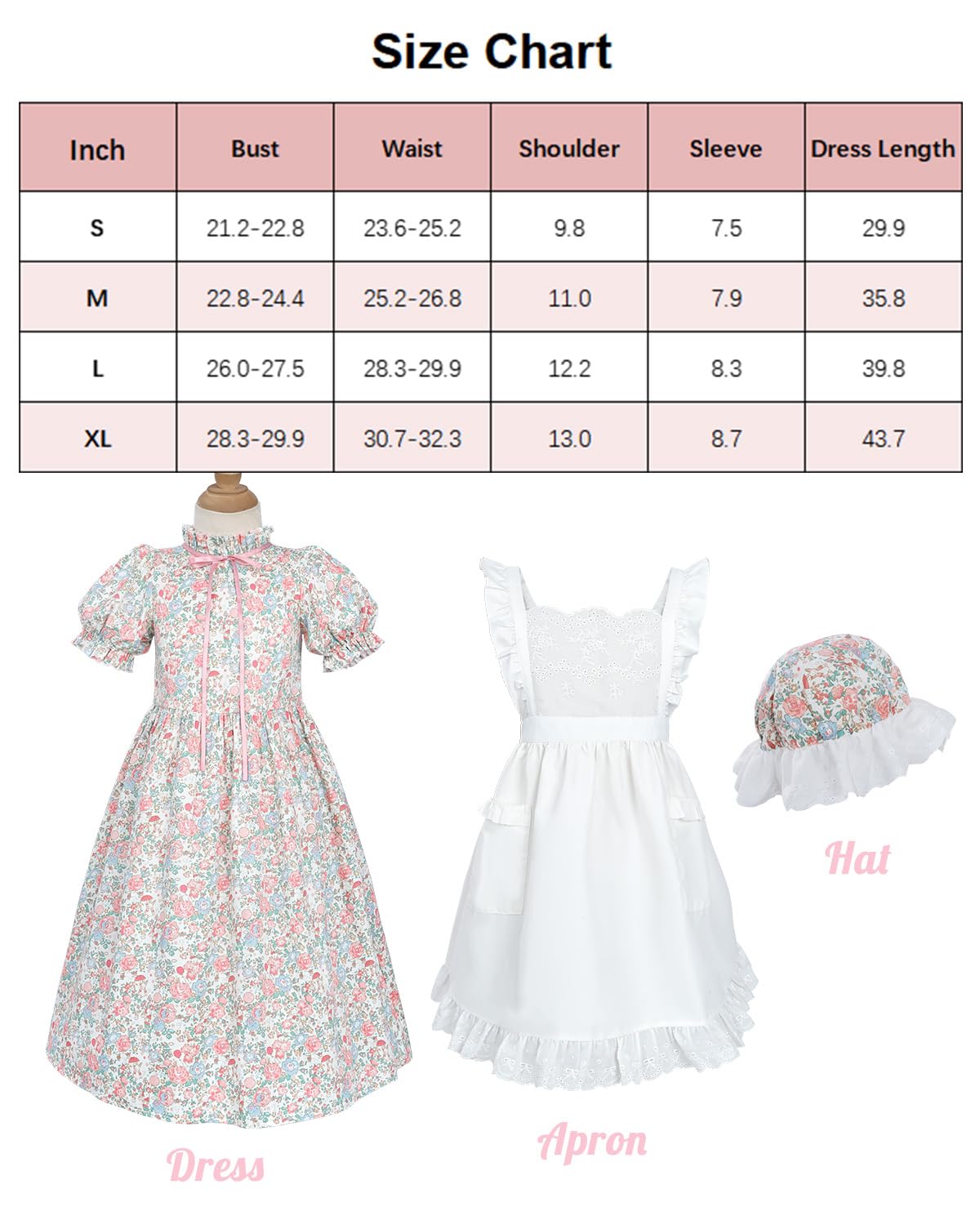 FCCAM Colonial Costume Girls with Mob Cap Floral Pioneer Prairie Dress 1800s American Costume Pink L age over 4 years old