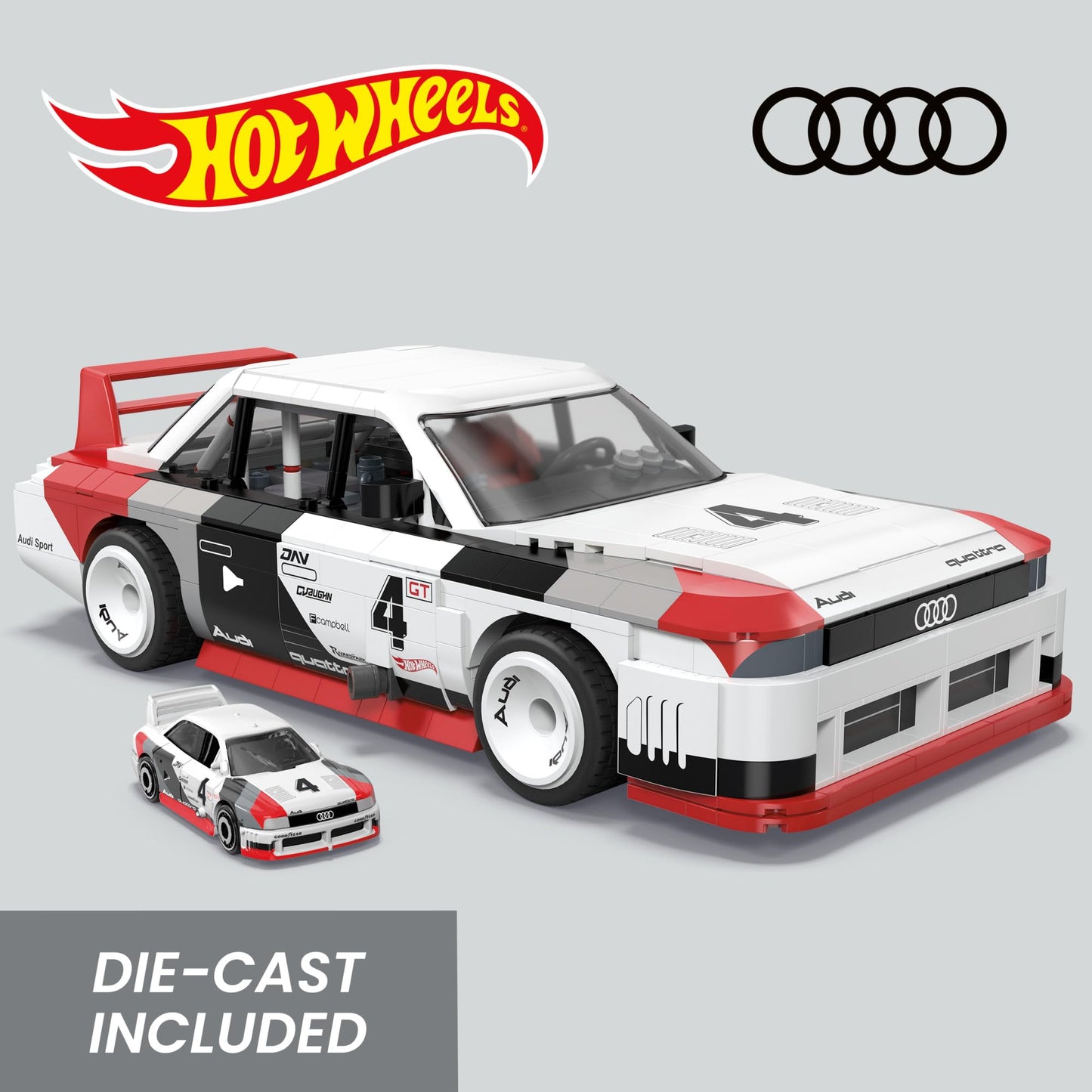 Mega Hot Wheels Collectible Car Building Toy, Audi 90 Quattro Imsa Gto With 973 Pieces And Die-Cast Model, Build & Display Set F