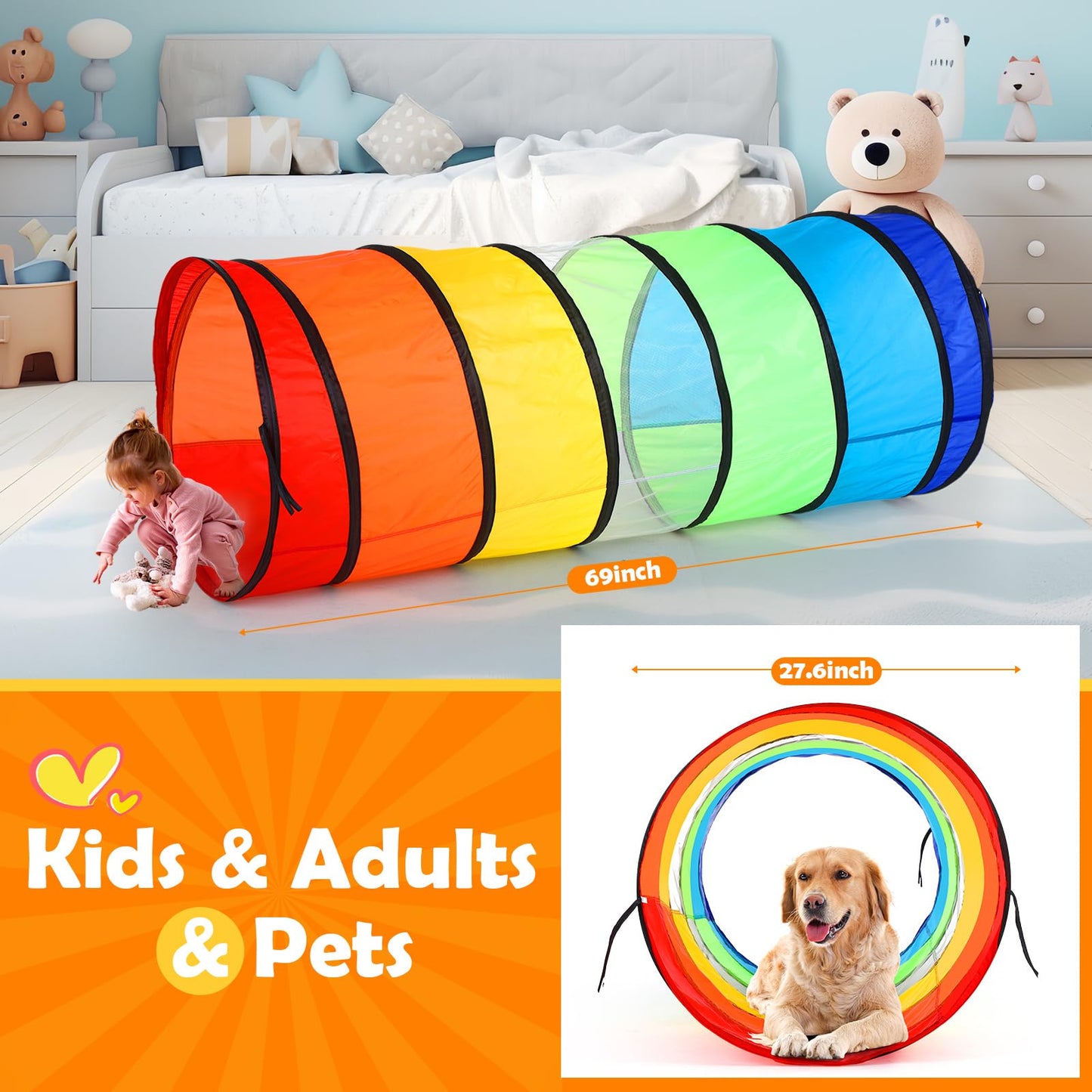 PullCrease 2 Pcs Giant 27.6 Inch Play Tunnel for Kids and Large Dogs Colorful Pop Up Crawl Tunnel Toy for Toddlers with Mesh Col
