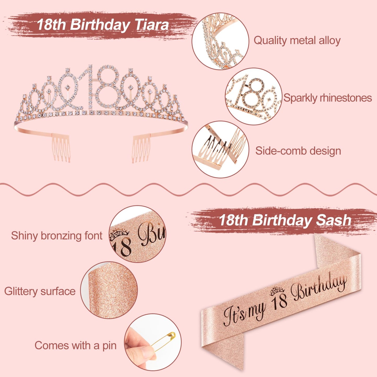 Hjingy 18Th Birthday Decorations For Girls, Rose Gold Party Decorations Include Balloons, Backdrop, Curtains, Banner, Sash, Crow