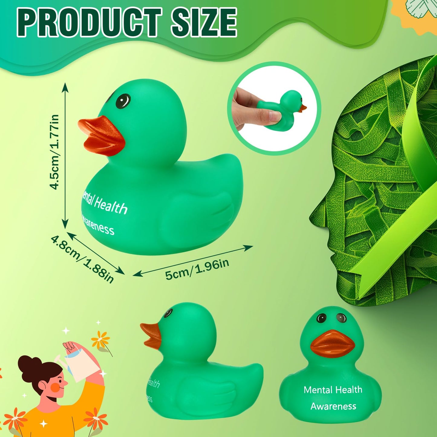 Gemscream 50 Pcs Mental Health Awareness Rubber Ducks Green Rubber Ducks Mental Health Gifts Anxiety Relief Ducks for Friend Fam