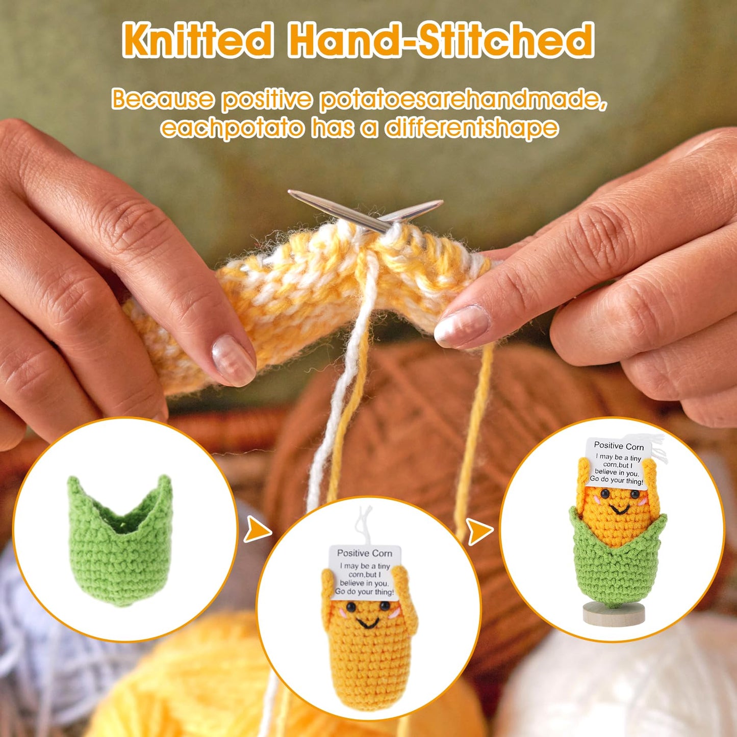 Dslsqd Mini Funny Positive Corn, 3 Inch Positive Corn Crochet With Wood Base Cute Wool Funny Knitted Positive Corn Doll Cheer Up