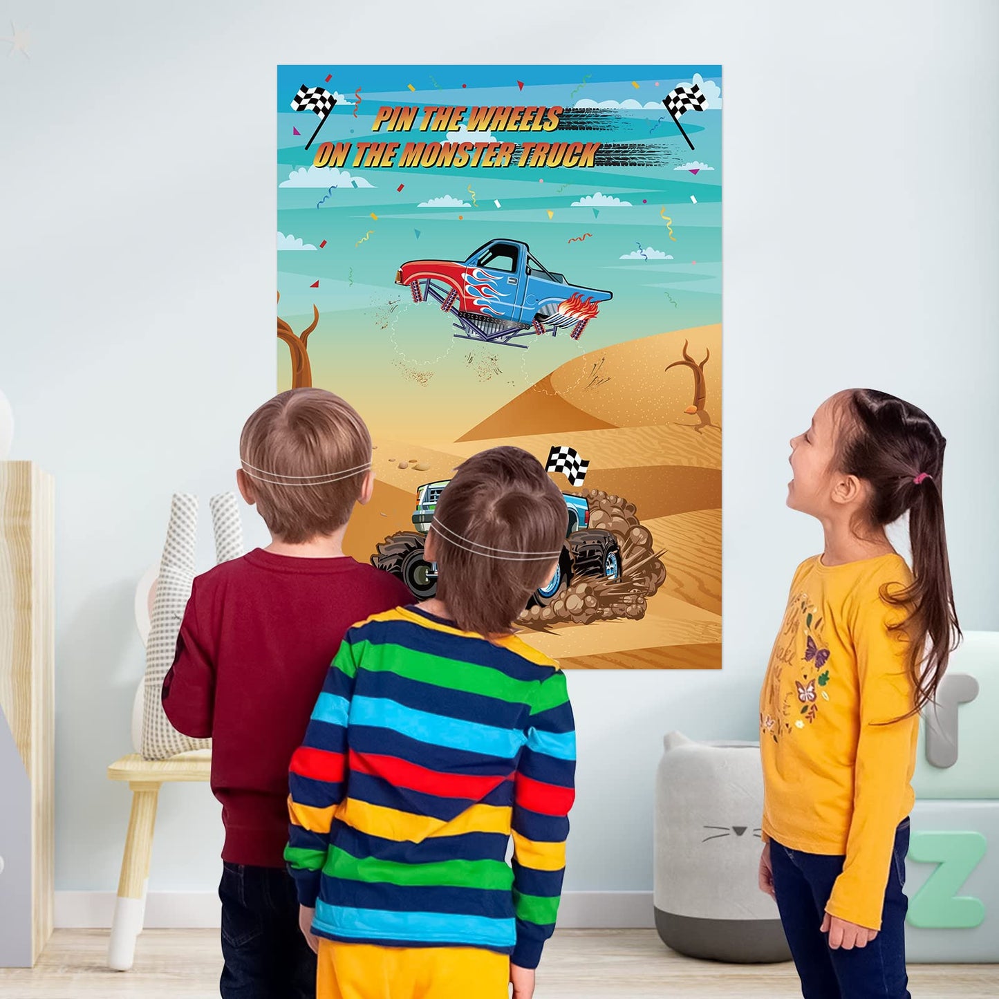 Eaezerav Pin The Wheels On The Truck Game With Monster Truck Poster, 36 Tyres Stickers, 2 Blindfolds For Car Theme Birthday Part