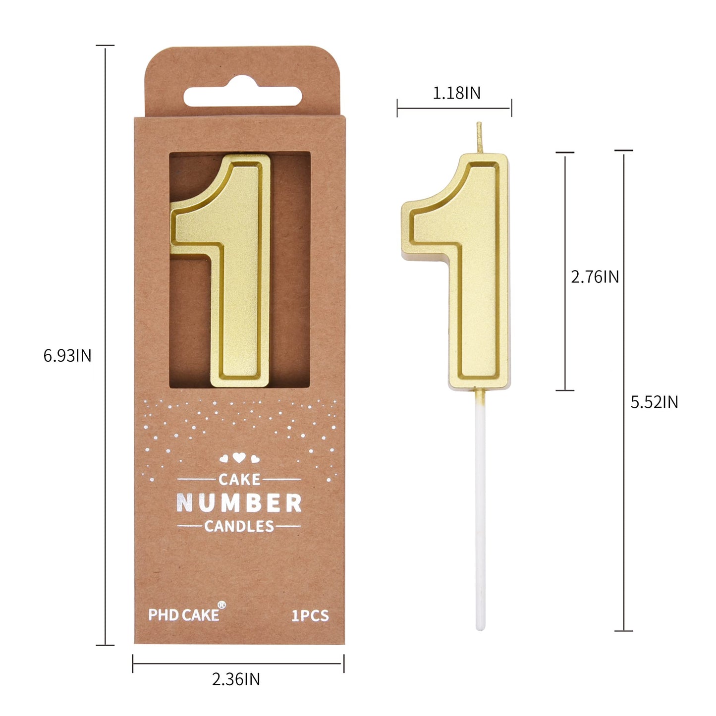 PHD CAKE 2.76 Inch Luxe Gold 1 Number Birthday Candles, Gold Number Candles, Cake Number Candles, Party Celebration
