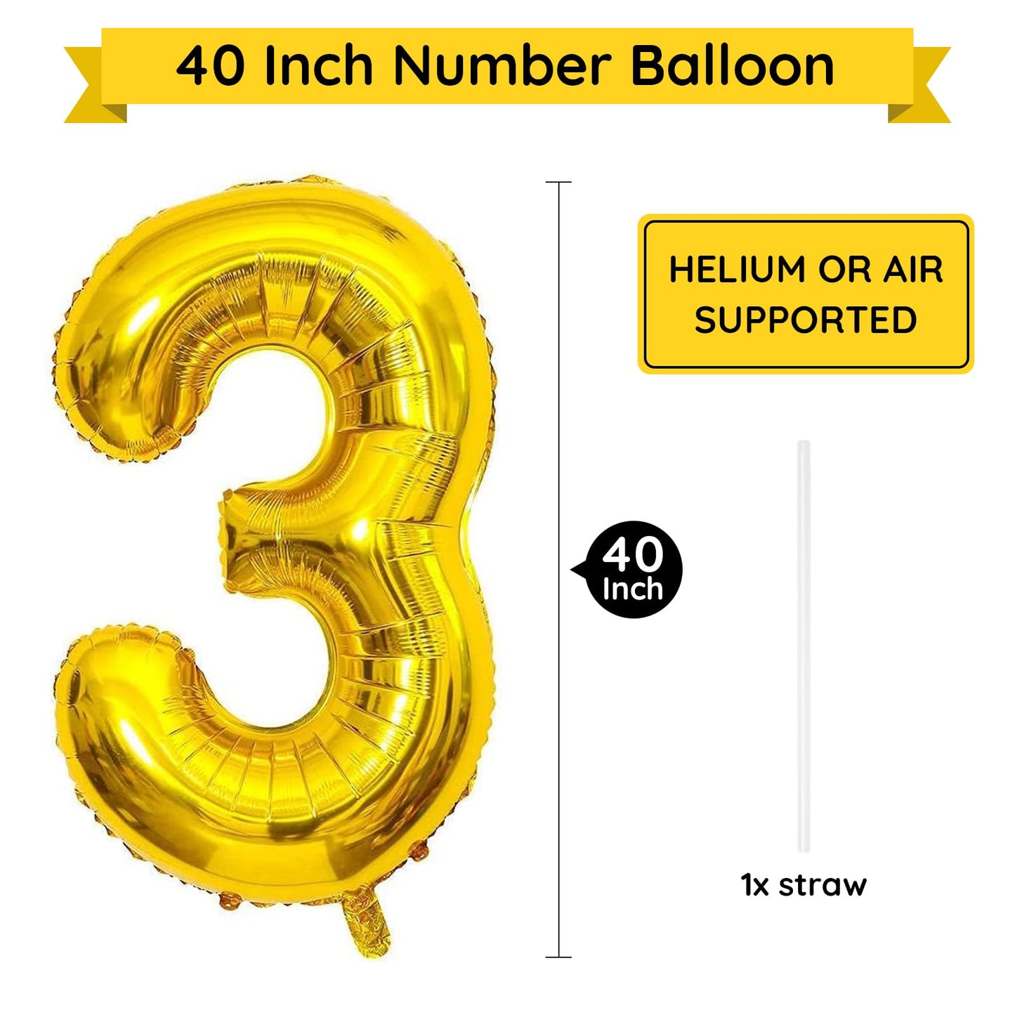 Paticool Gold Number 3 Balloon, 40 Inch Large Number Foil Mylar Balloons For 3Rd Girl Boy Birthday Party Celebration Decorations