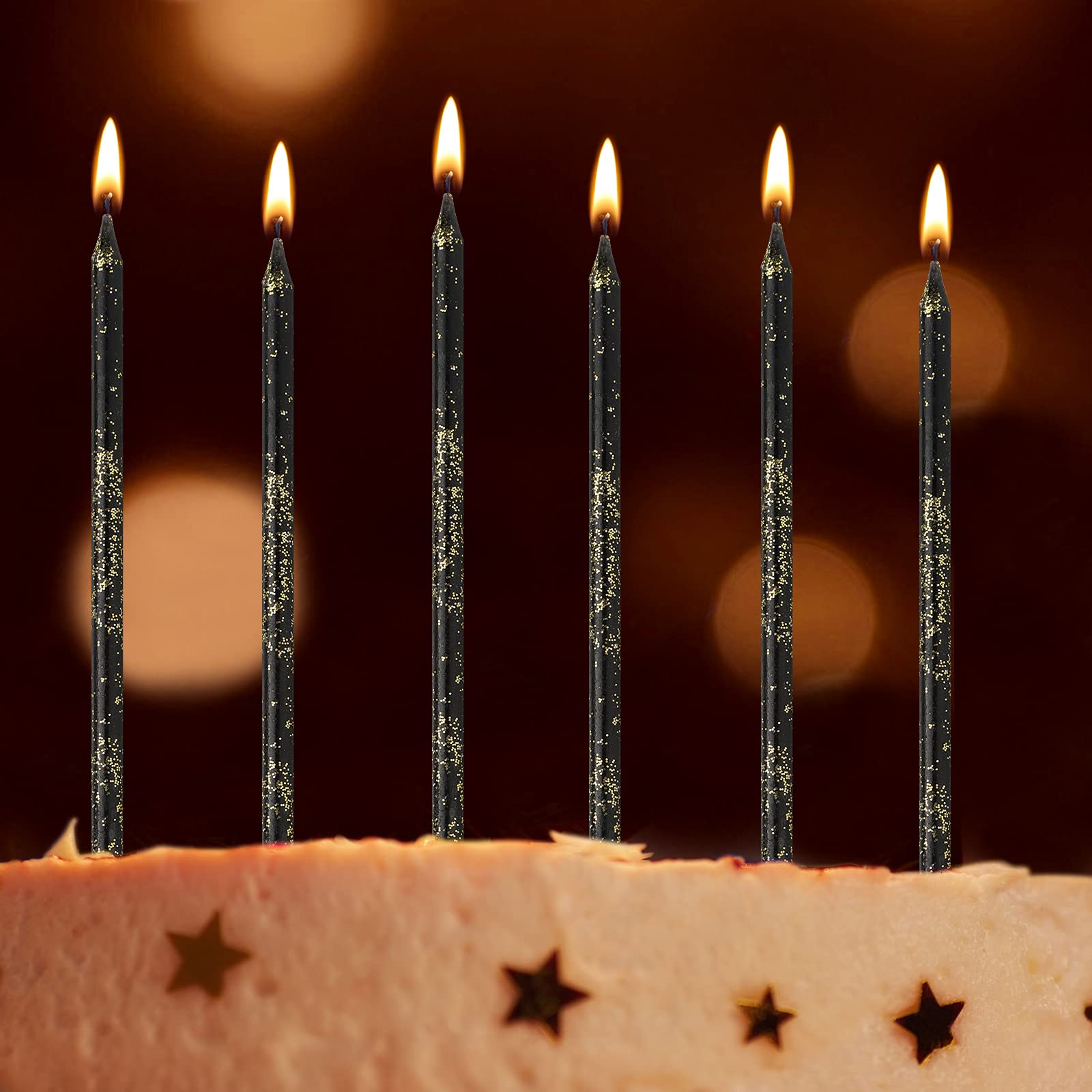 Nuanchu 24 Pieces Black Gold Birthday Cake Candles Long Thin Cupcake Candles Metallic Cake Toppers Candles for Birthday Wedding 