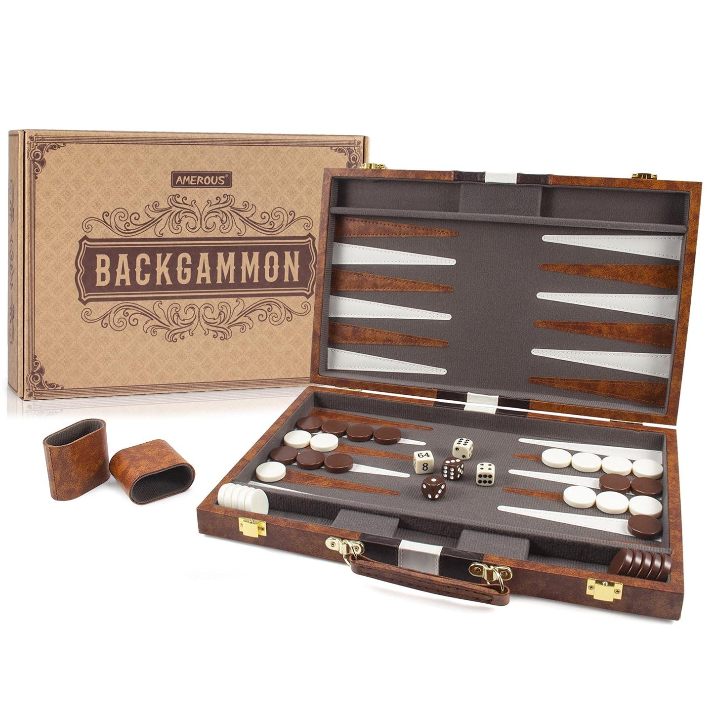 Amerous Backgammon Set, 15 Inches Classic Board Game With Leather Case, Folding Board, Gift Package, Portable Travel Strategy Backgammon Game Set For Adults, Kids (Medium, Brown)