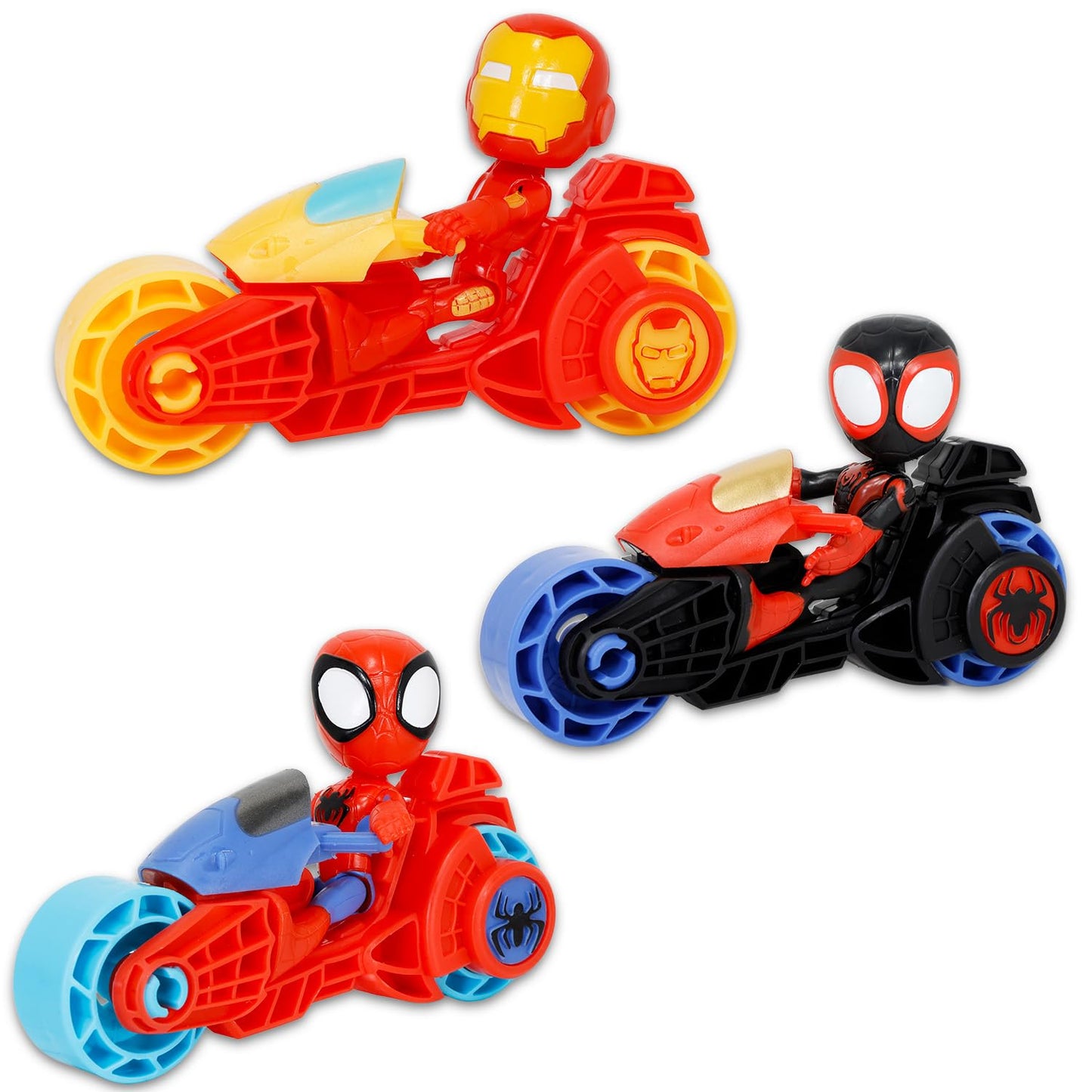 Spidey and His Amazing Friends Racing Toys Set - 3 Piece Bundle with Spiderman Racing Pull Back Action Vehicles Plus Stickers, M