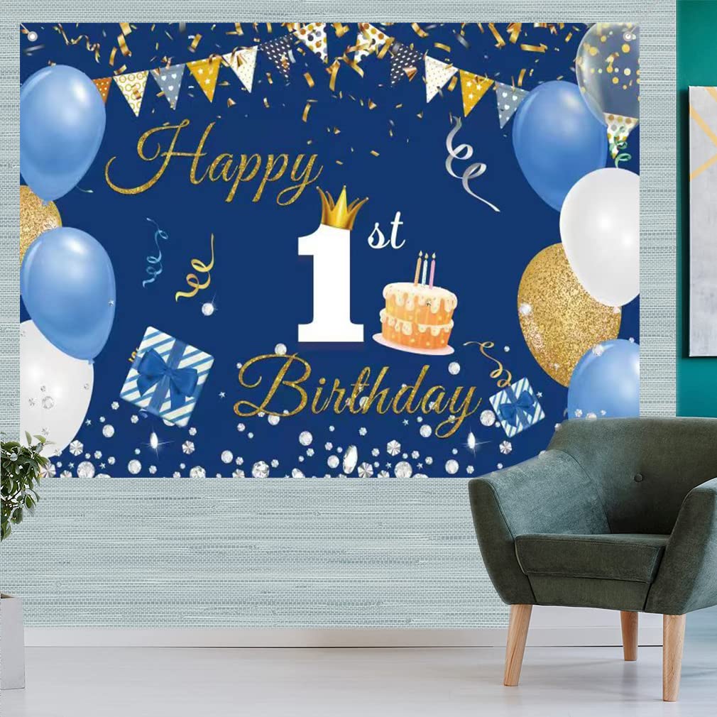 1st Birthday Decorations Happy 1st Birthday Backdrop Party Banner for Boys/Girls Happy 1 Year Old Fabric Sign Poster, Blue Photo