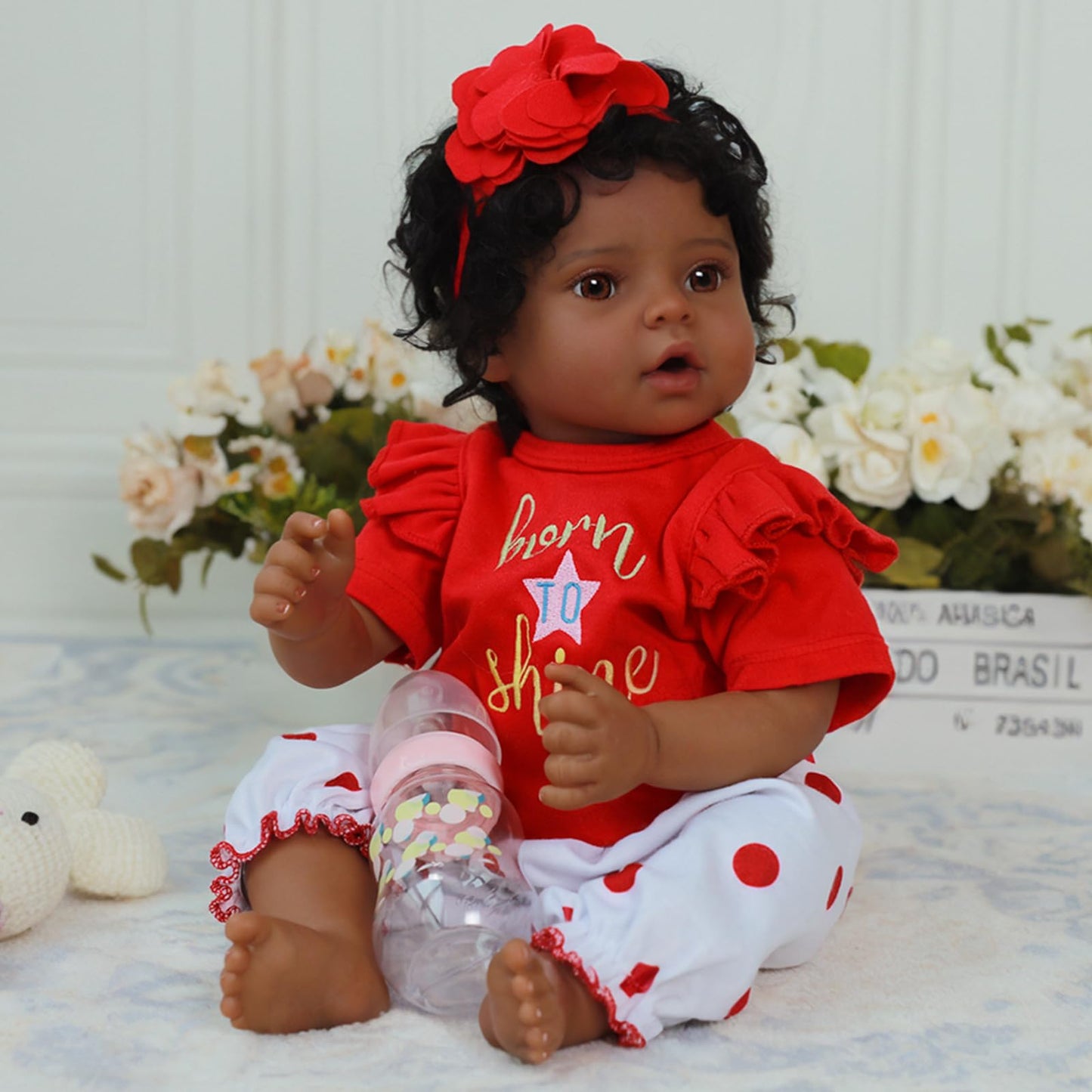 Scom Reborn Baby Dolls Black Girl - 20 Inch African American Baby Doll, Lifelike Soft Body Realistic With Open Eyes Red Suit New