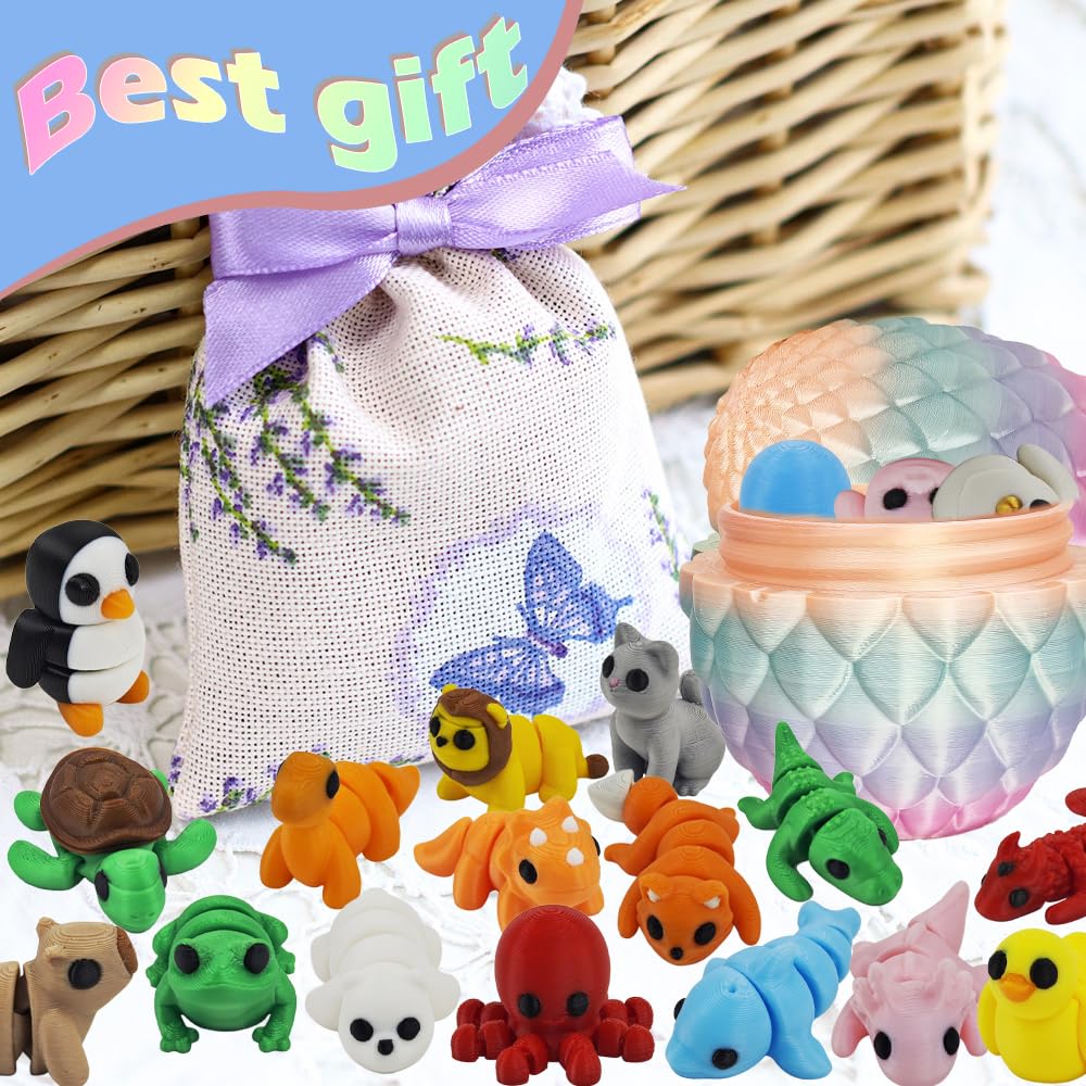 Next Stop M 25Pcs 3D Printed Animal Toys For Kids Easter Basket Stuffers With Decorative Egg Case, Classroom Prizes, Party Goodi
