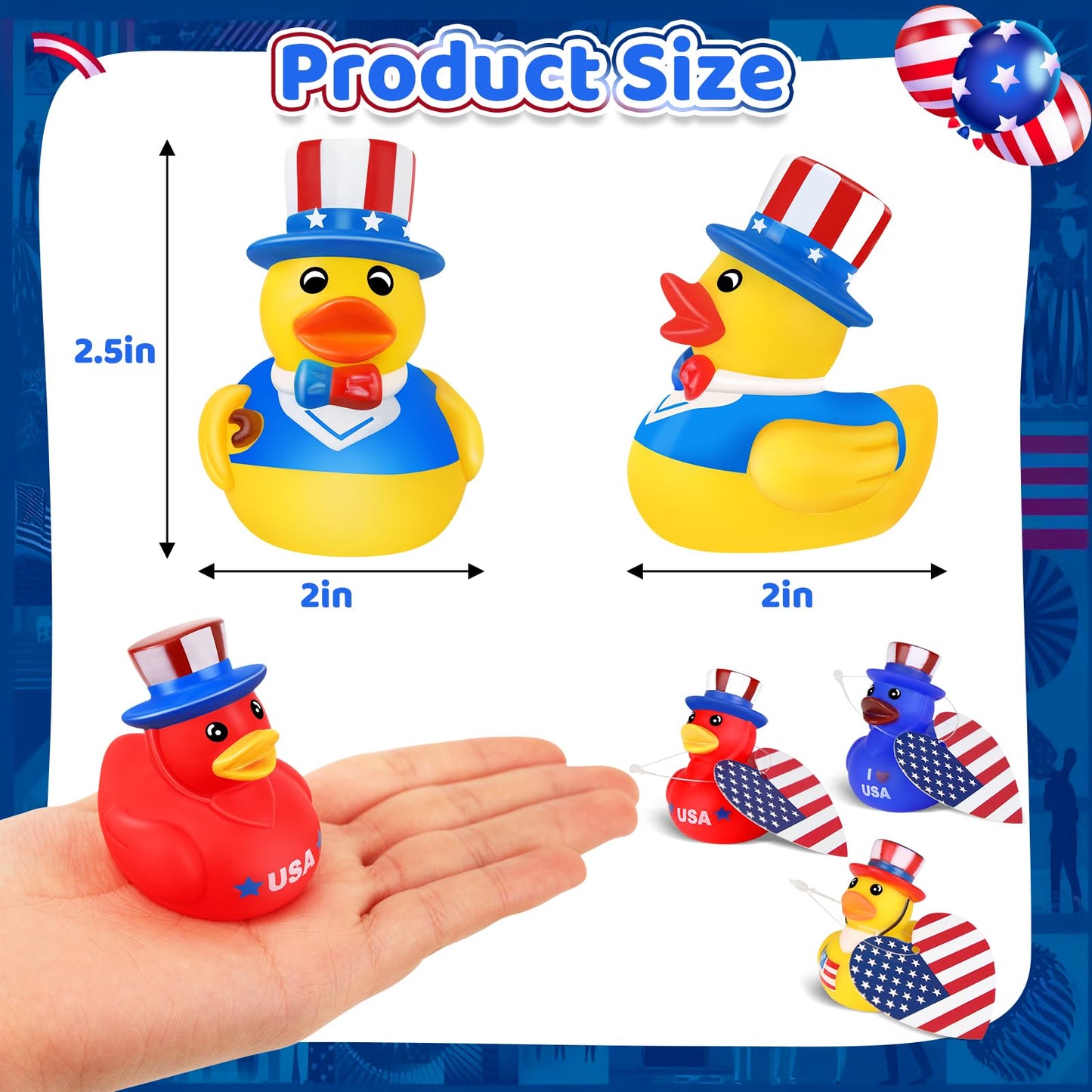 Ouryec 24 Pack Patriotic Rubber Ducks, 4Th Of July Rubber Ducks Jeep Ducks Bulk, 4Th Of July Independence Day Usa Memorial Day P