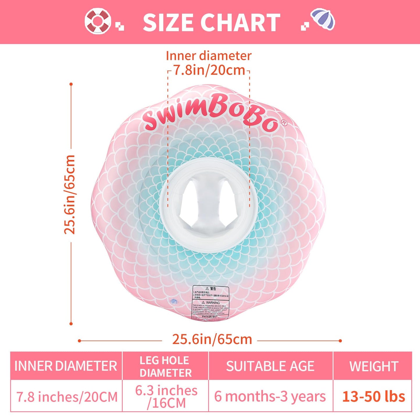 Swimbobo Inflatable Baby Swimming Float With Safe Seat For Age 6-36 Months Toddler (Pink Mermaid)