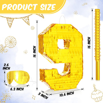 Sratte Number Piñata Birthday Piñata Decorations Gold Foil Piñata With Stick Blindfold Confetti For Boy Girl Birthday Party Decorations Anniversary Celebrations Fiesta Supplies(Number 9)