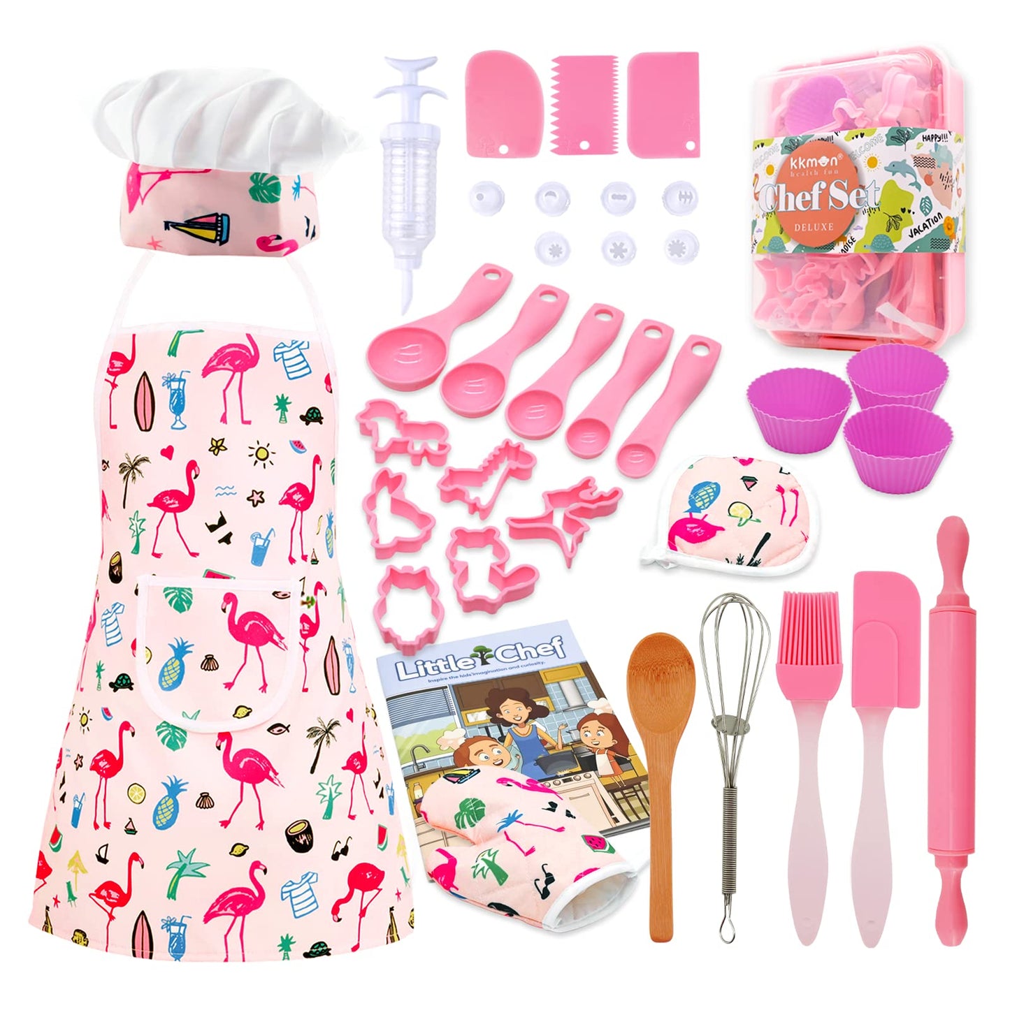 kkmon Kids Cooking and Baking Set - 34 Pcs Kids Chef Role Play Costume Set with Apron, Chef Hat, Mitt, Pastry Injector, Cookie C