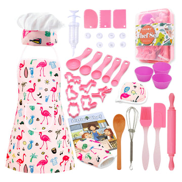 kkmon Kids Cooking and Baking Set - 34 Pcs Kids Chef Role Play Costume Set with Apron, Chef Hat, Mitt, Pastry Injector, Cookie C