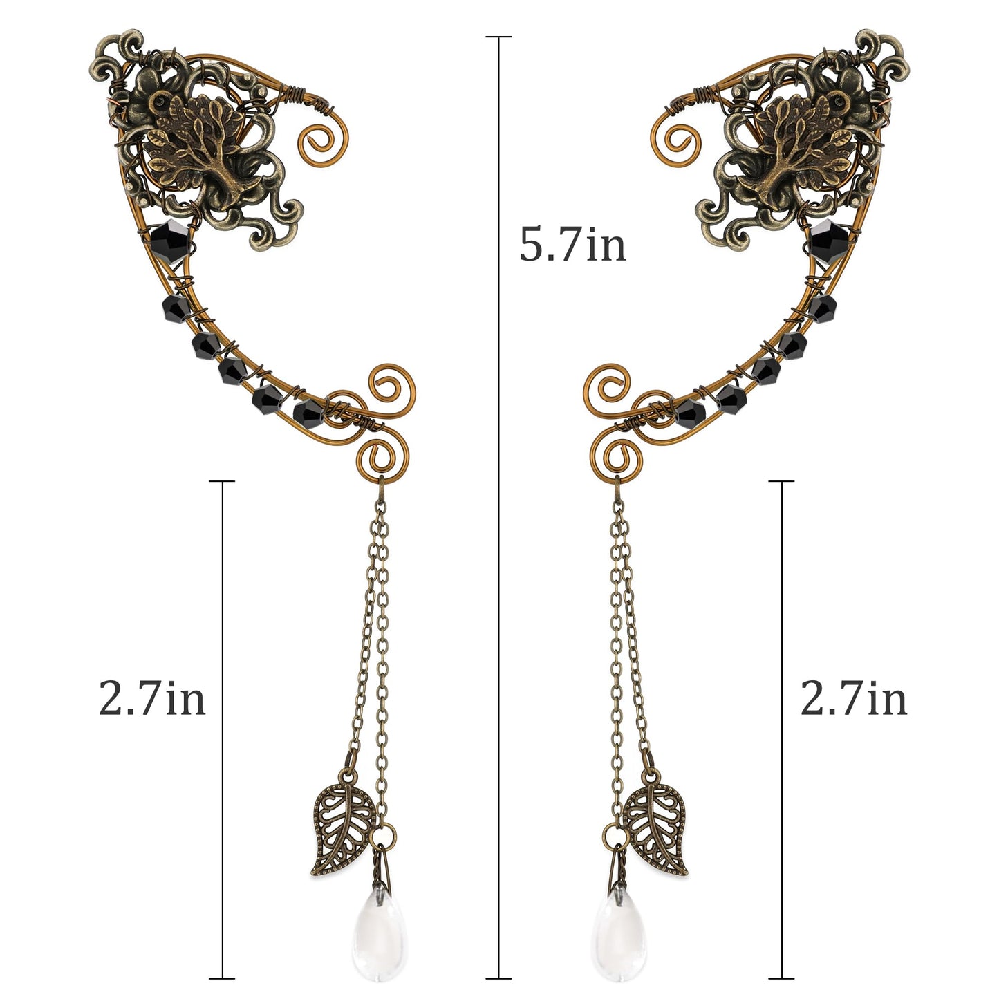 Renaissance Fairy Elf Ear Cuffs - Handmade Vintage Bronze Tree Elf Earrings With Black Crystal Non Piercing Metal Ear Clip Elven Ear Wraps For Women Christmas Halloween Renfaire Party Accessories
