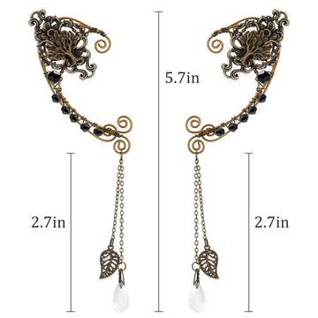 Renaissance Fairy Elf Ear Cuffs - Handmade Vintage Bronze Tree Elf Earrings With Black Crystal Non Piercing Metal Ear Clip Elven Ear Wraps For Women Christmas Halloween Renfaire Party Accessories