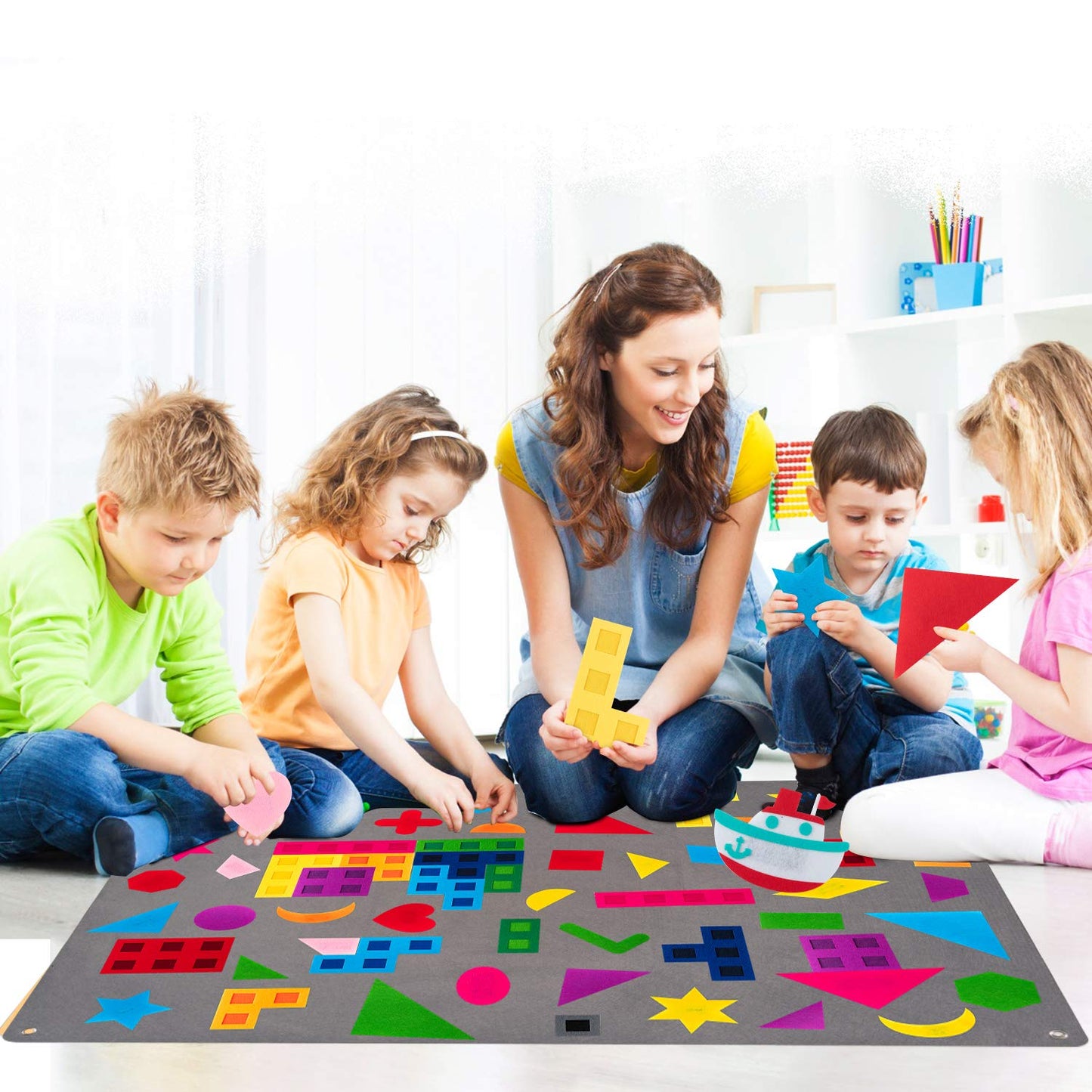 WATINC 64Pcs Preschool Shapes Teaching Felt Board Story Set 3.5 Ft Colorful Montessori Teacher Aide Tangrams Storytelling Flanne